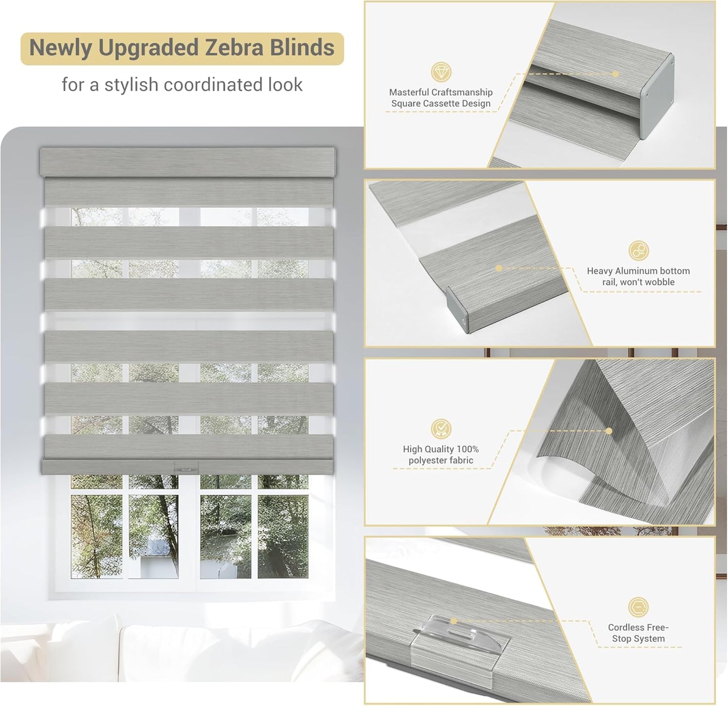 Cordless Zebra Blinds for Windows, Blackout Interior Blinds,Easy to Install,UV Protection,for Offices and Home,Custom Roller Shades, Mousse Light Grey,84" W x 36" H