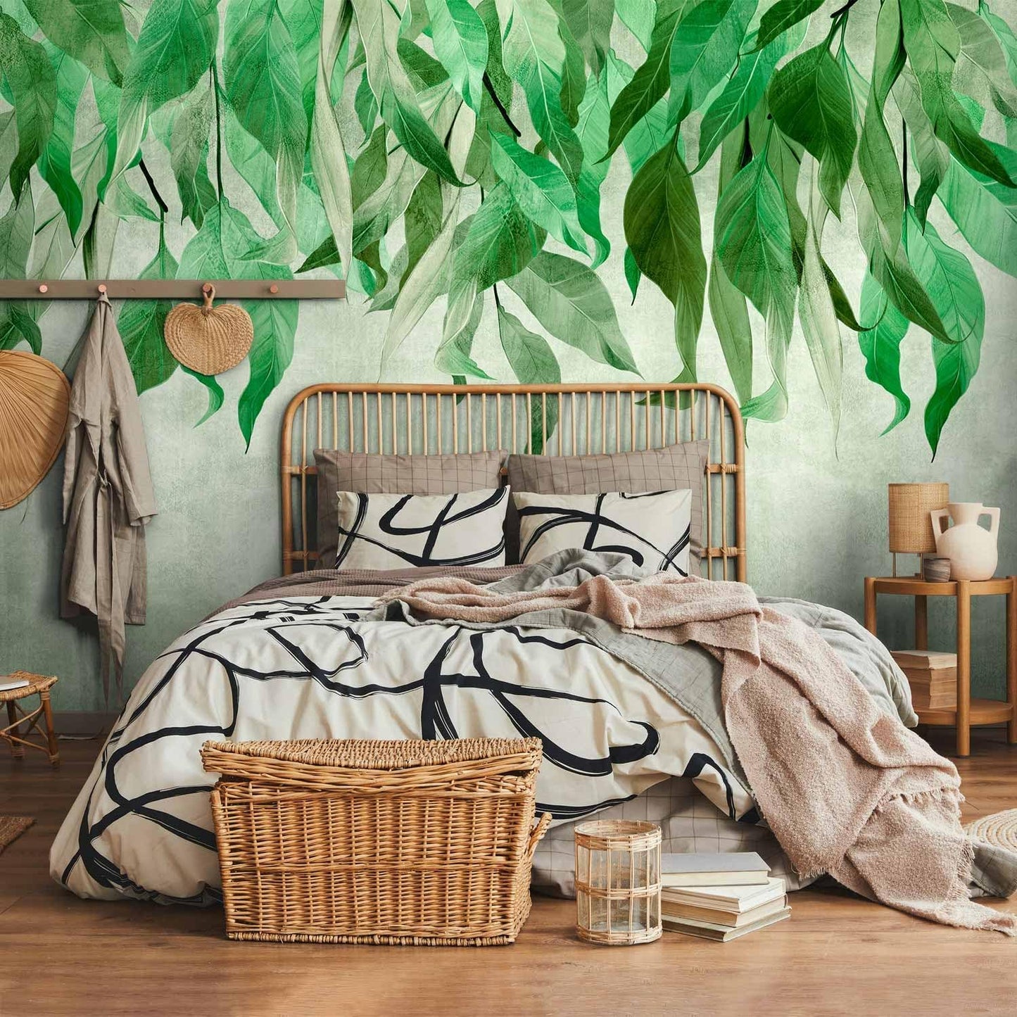 artgeist Premium Wall Mural Hanging Leaves 157x110 in - Non-Woven Wallpaper Fleece Wall Decor Photo Print Picture Image Design Nature Botanical Concrete Green Like Painted b-C-10146-a-a