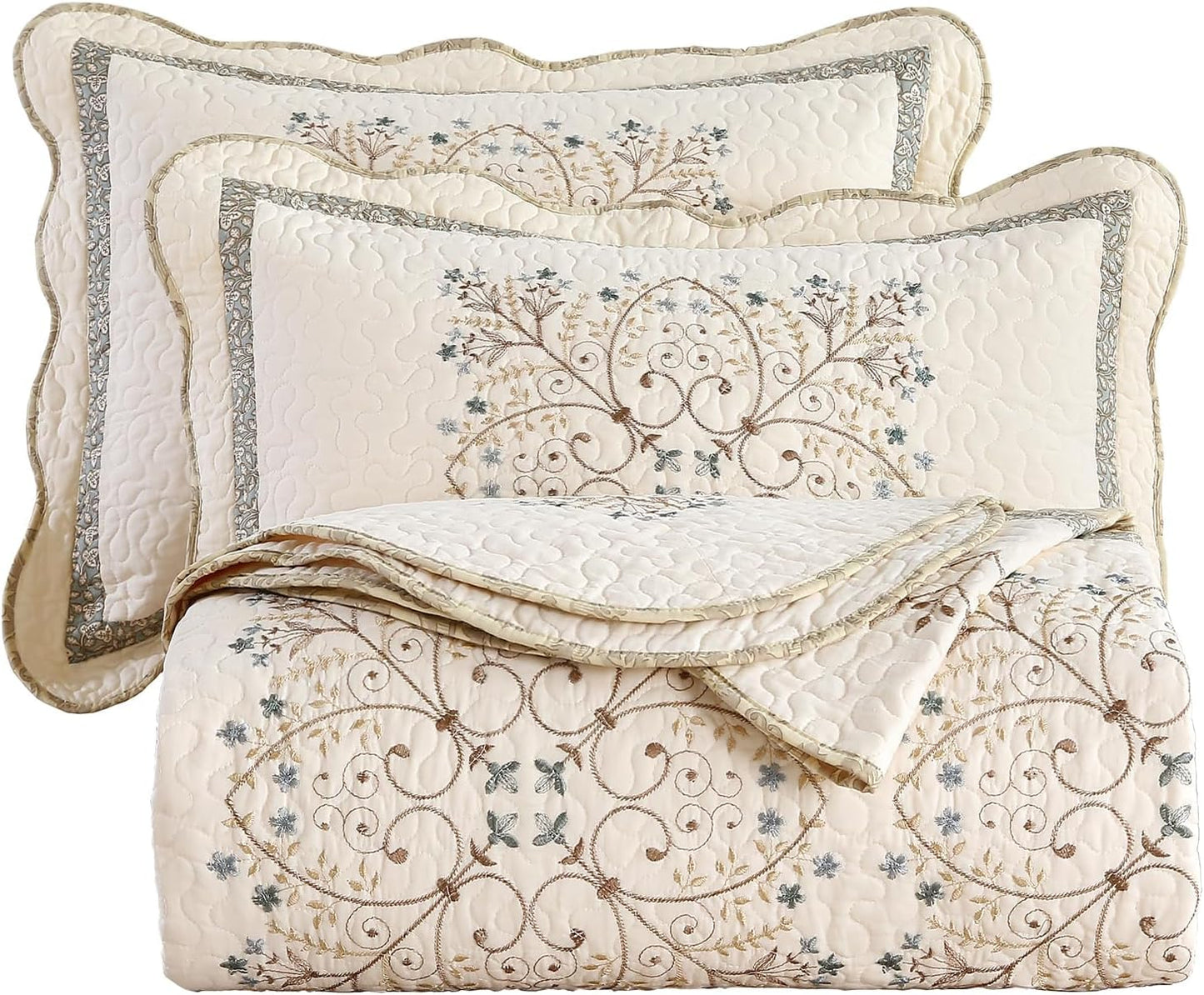 vctops Elegant Embroidered Quilt Set Farmhouse Patchwork Reversible Bedspread Coverlet 3 Piece Cotton Quilted Bedding Set for All Season, 1 Quilt + 2 Pillow Sham (119x117 in)