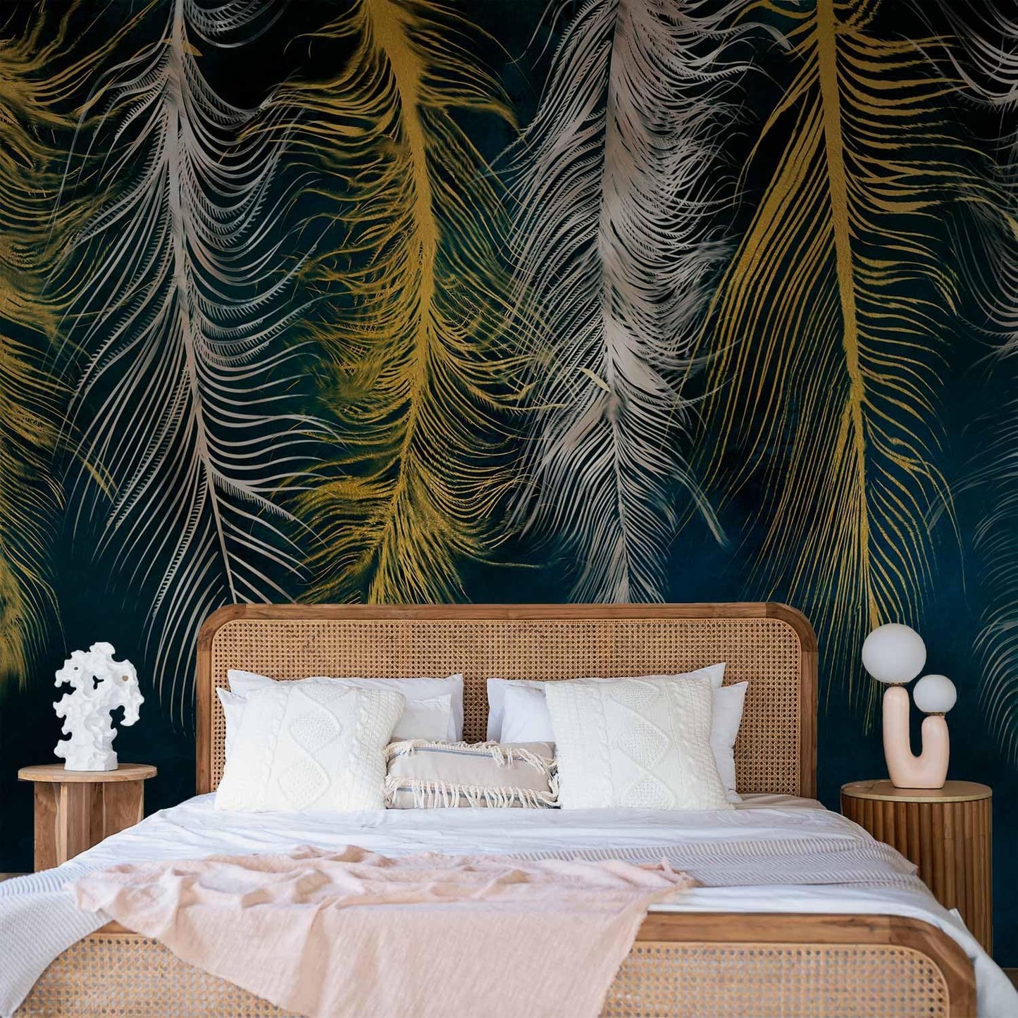 artgeist Wall Mural Feather 96x69 in - XXL Peel and Stick Self-Adhesive Wallpaper Removable Large Sticker Foil Wall Decor Print Picture Image Design Abstract Beige Navy Blue b-A-0812-a-a
