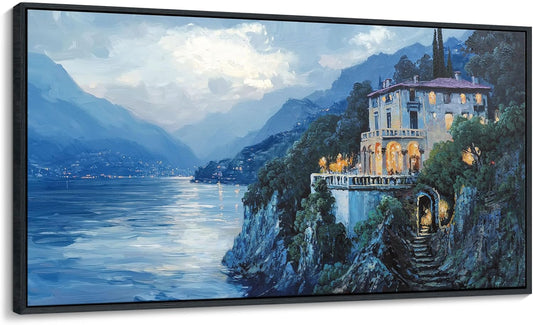 QZQCBLC Landscape Canvas Wall Art, Blue Mountains Lake Houses Green Trees Scenery Framed Paintings Artwork for Living room Bathroom Bedroom Home Office Wall Pictures Decor 20x40 IN