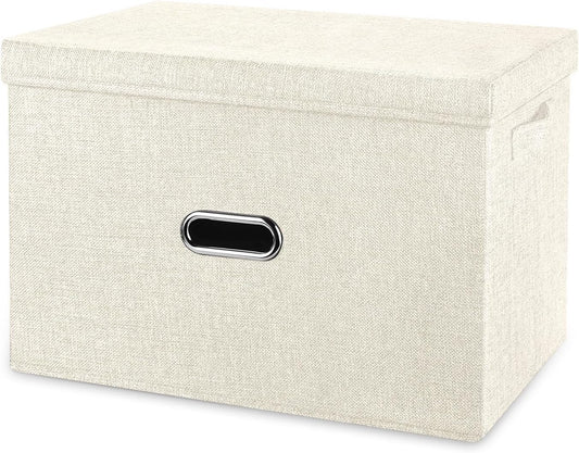 Large Linen Fabric Foldable Storage Bins with Removable Lid and Handles, Washable Storage Box Organizer Containers Baskets Cube with Cover for Bedroom,Office(Cream, XXL)