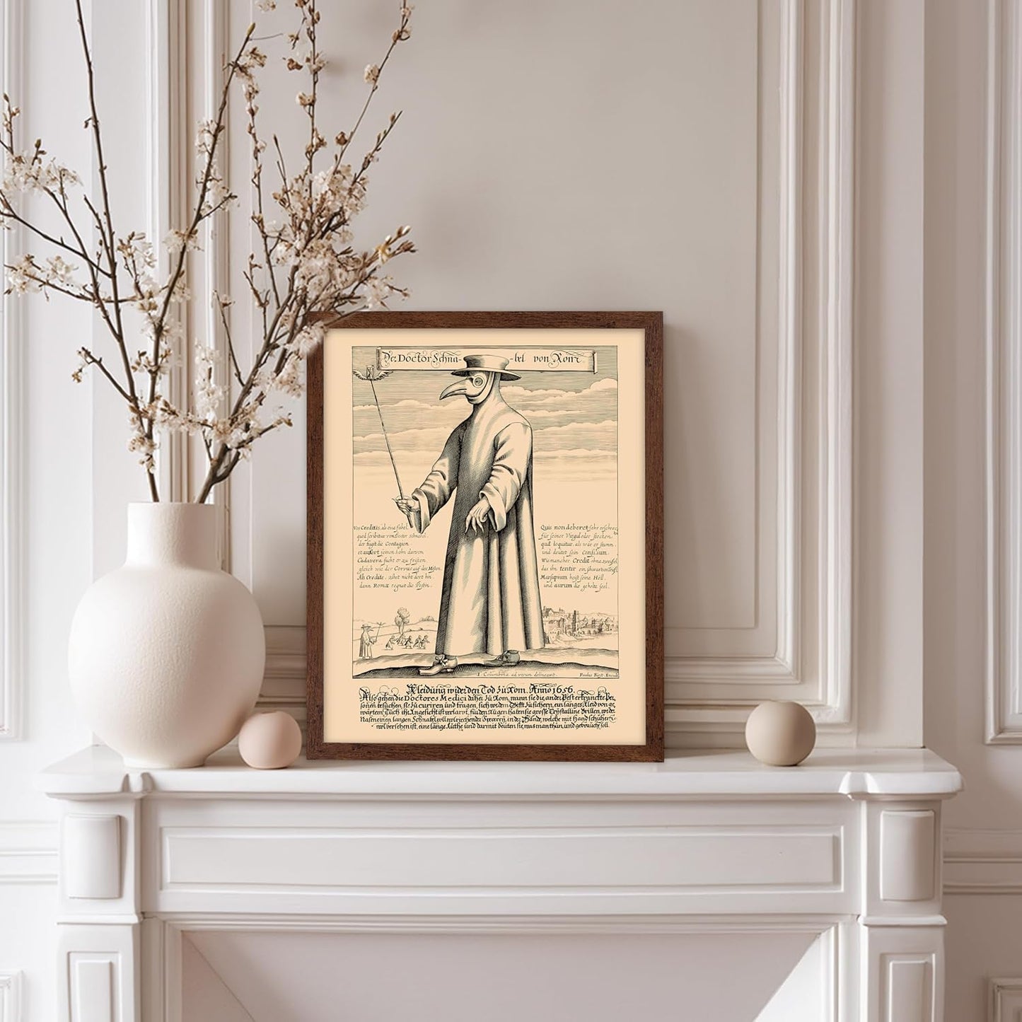Poster Master Vintage Medieval Poster - Retro Illustration Print - Gift for Friend - Plague Doctor, Pandemic Mask, Physician, Black Death - Wall Decor for Home, Living Room, 11x14 Brown Framed