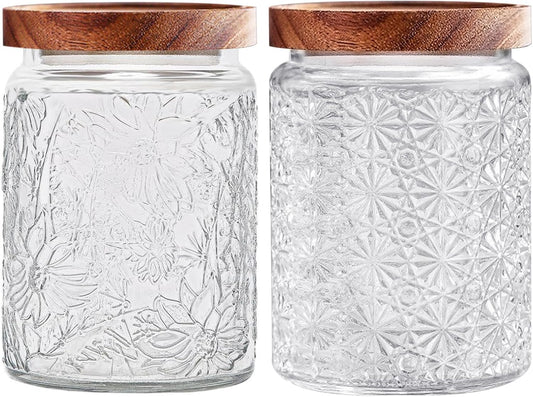 Vintage Glass Jars with Wooden Lids, 2 Pack 24 oz Airtight Glass Food Storage Containers Sets for the Kitchen, Sugar Coffee Candy Spice Cookie Tea Pasta