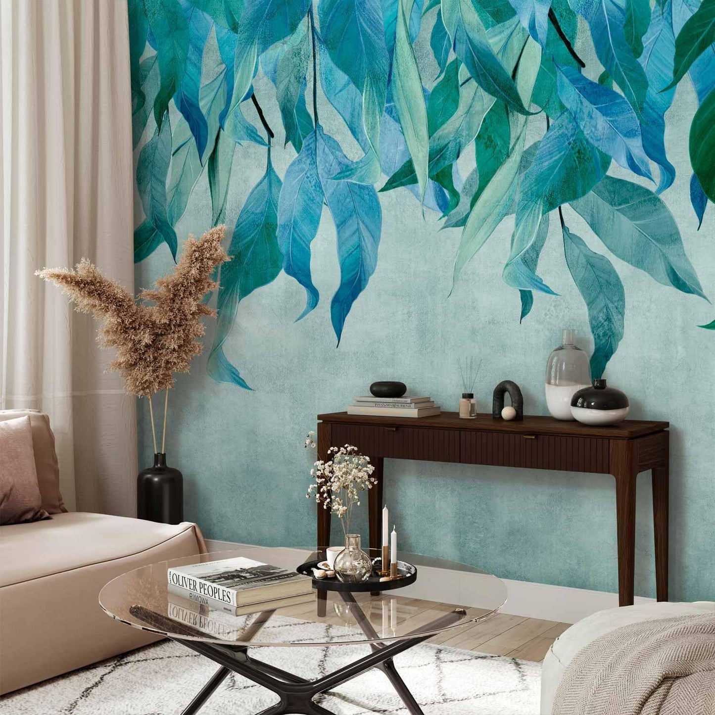 artgeist Wall Mural Hanging Leaves 157x110 in - Non-Woven Wallpaper Fleece Wall Decor Photo Print Picture Image Design Nature Botanical Concrete Green Blue b-C-10146-a-b