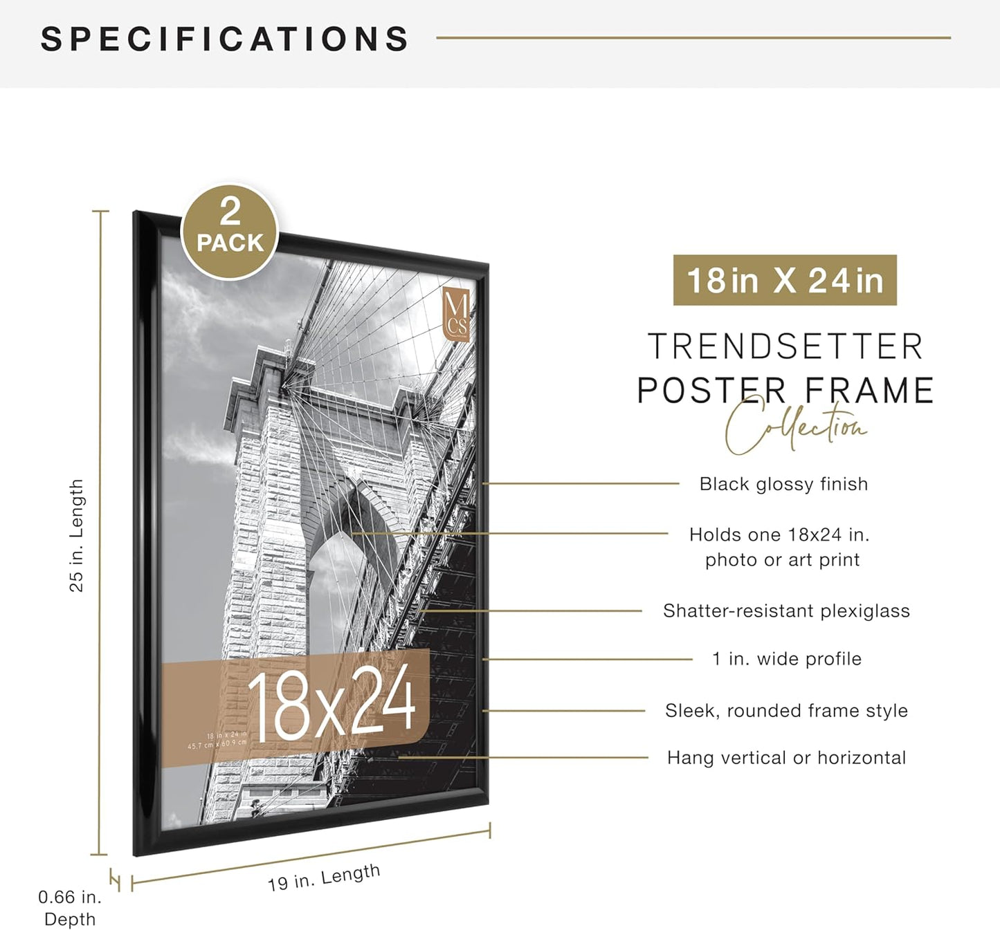 MCS Trendsetter 18x24 Poster Frame Black High-Gloss, Vertical & Horizontal Wall Hanging Large Picture Frame for Photos, Posters & Art Prints (2-Pack)