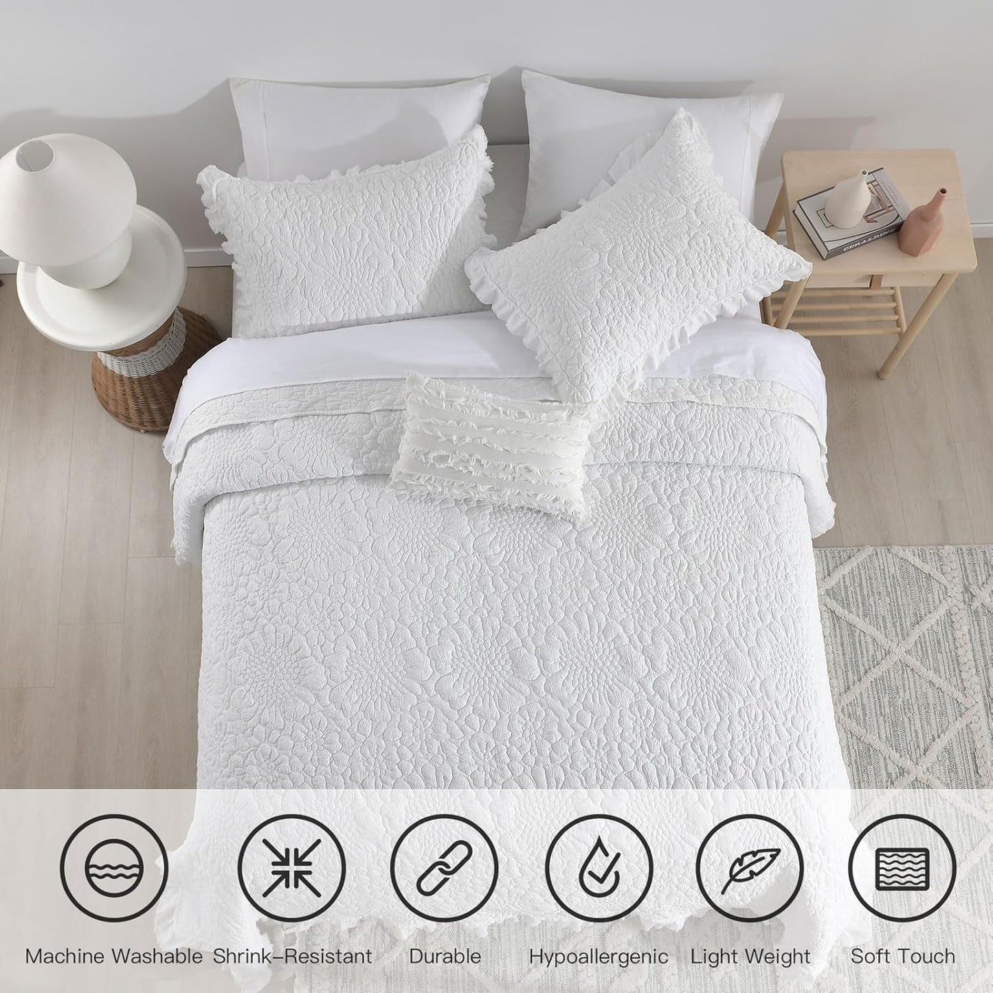 HORIMOTE HOME White Ruffled Quilt Queen Size, Stone-Washed Microfiber Lightweight Crinkled Farmhouse Rustic Shabby Chic Bedding Set, 3 Pieces Reversible Bedspread with Pillow Shams for All Season
