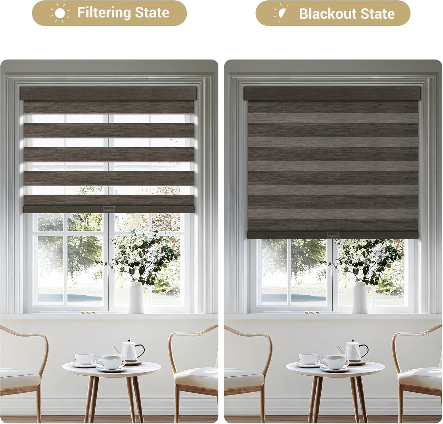 Cordless Zebra Blinds for Windows, Blackout Interior Blinds,Easy to Install,UV Protection,for Offices and Home,Custom Roller Shades, Mousse Dark Bown,56" W x 36" H