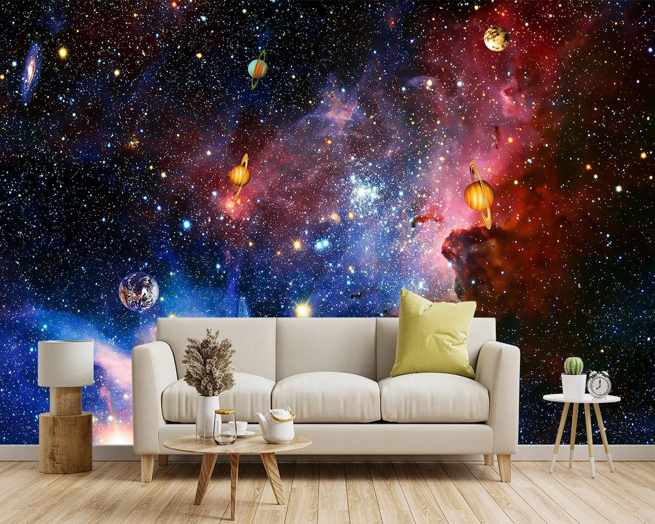 -Galaxy Universe Planet Ceiling Fabric Wallpaper Boys Girls Nursery Starry Sky Children Bedroom Bathroom Large Mural- 160"x108"（ not Peel and Stick）