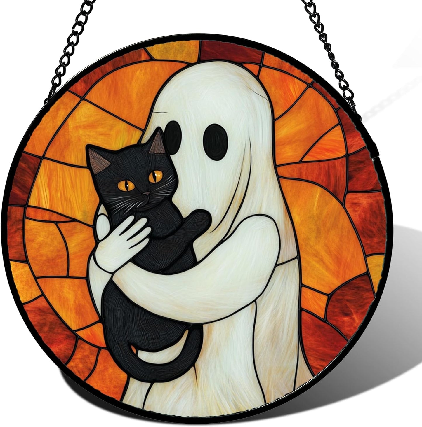 Stained Glass Window Hanging - Halloween Decorations White Ghost Black Cat Suncatcher for Doors Garden Spooky Funny Orange Sun Catchers Gothic Decor Horror Gifts for Women Men Friend 6.3 in