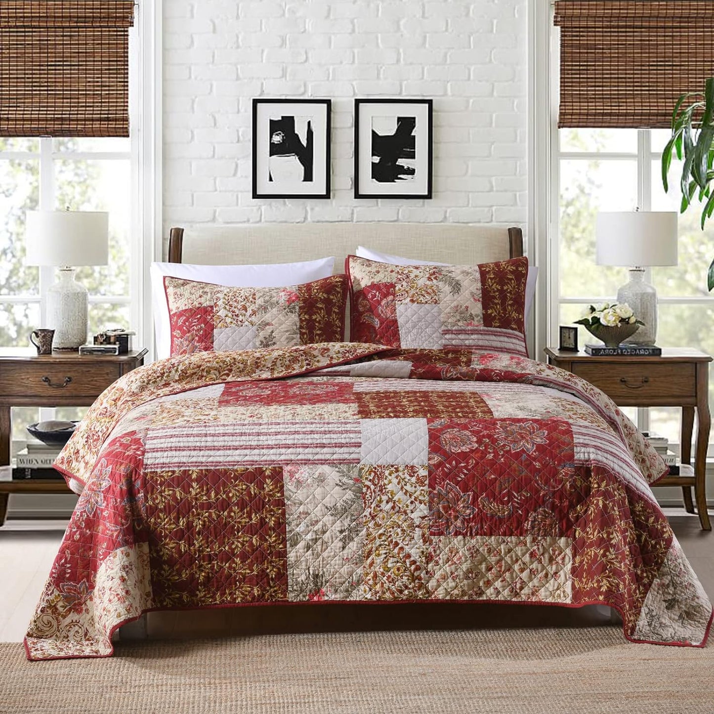 Yvooxny King Quilt Set Quilted Bedspread Country Farmhouse Cottage Vintage Ditsy Floral Paisley Style Reversible Lightweight Coverlet Set Real Patchwork Quilt for All Seasons, Antique Rose, King Size