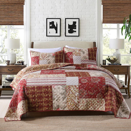 Yvooxny King Quilt Set Quilted Bedspread Country Farmhouse Cottage Vintage Ditsy Floral Paisley Style Reversible Lightweight Coverlet Set Real Patchwork Quilt for All Seasons, Antique Rose, King Size