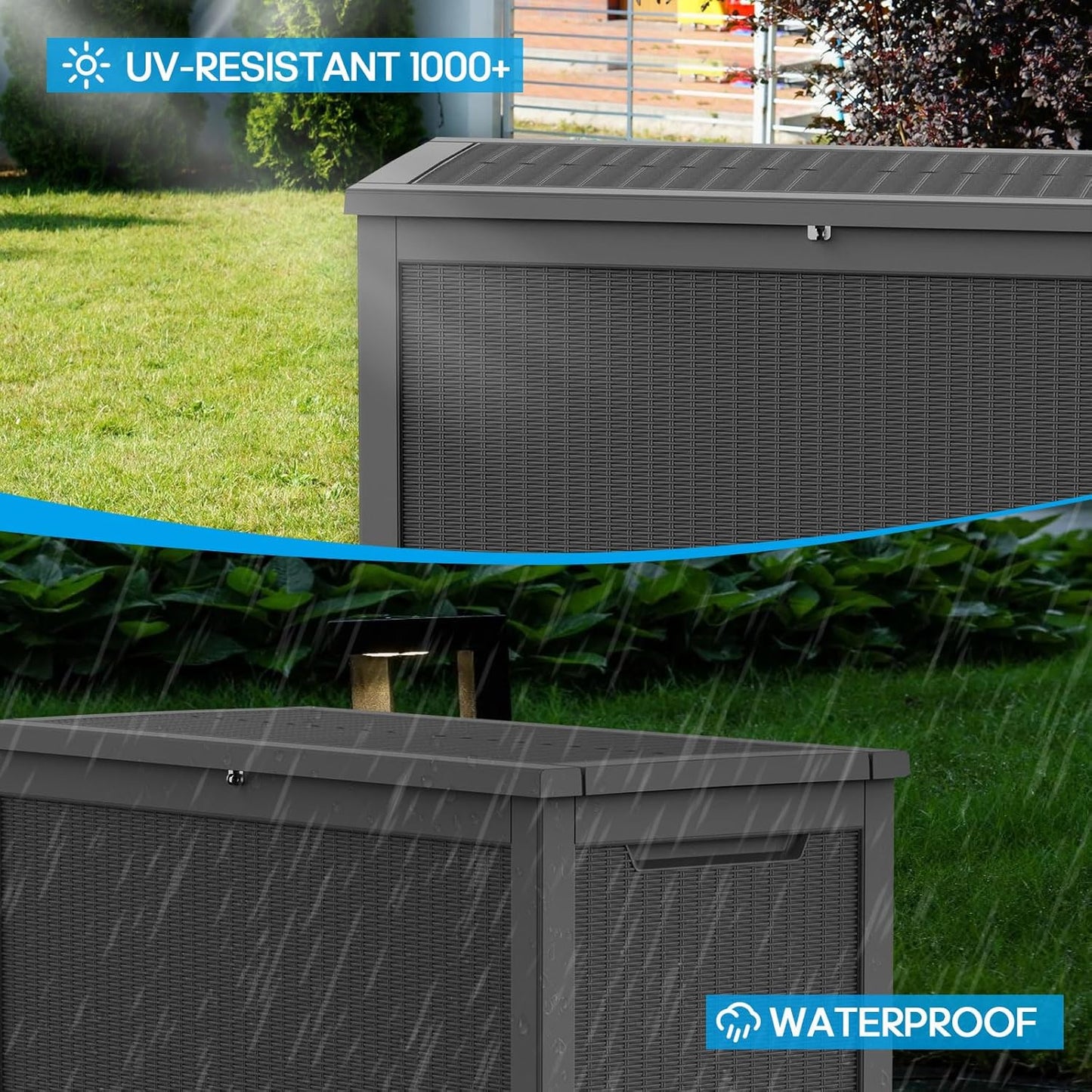 Vixzen 260 Gallon Resin Deck Box, Lockable Outdoor Storage Box for Patio Cushions Storage Furniture,Garden Tools, Pool Supplies, Weatherproof and UV Resistant- Black
