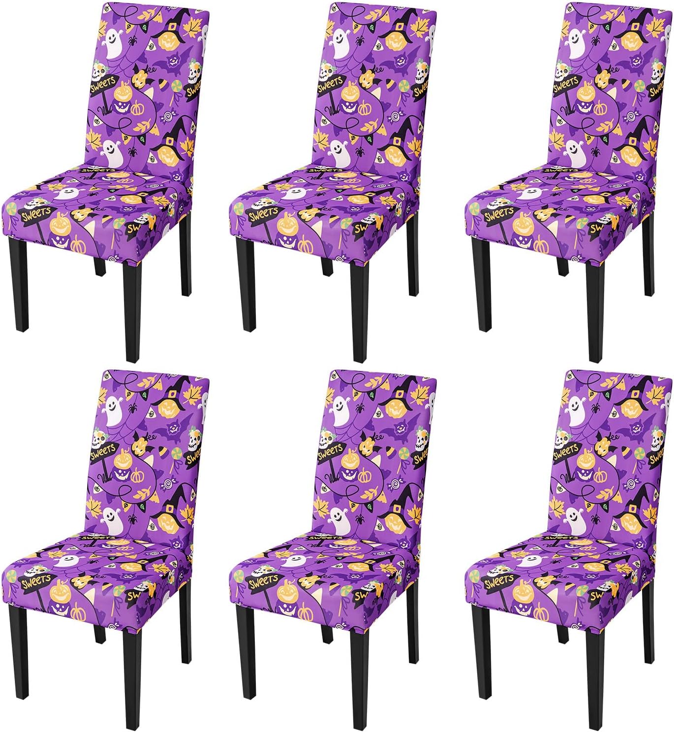 JQinHome Purple Halloween Chair Slipcover, Spider Web Chair Covers Set of 6, High Stretch Washable Chair Protector Cover for Dining Room, Kitchen,Home Party,Wedding Ceremony(Purple Candy,6PC)