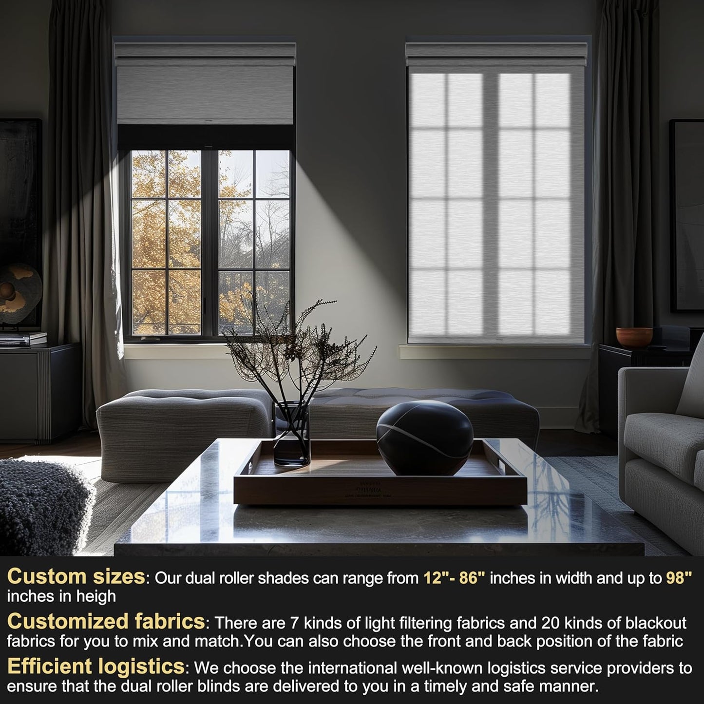 BERISSA Cordless Dual Roller Shades with Cassette Valance,Double Window Shades Blackout and Light Filtering Shades,Day and Night Roller Shades for Home Office Door.Linen Black and White.38 W x 86" H