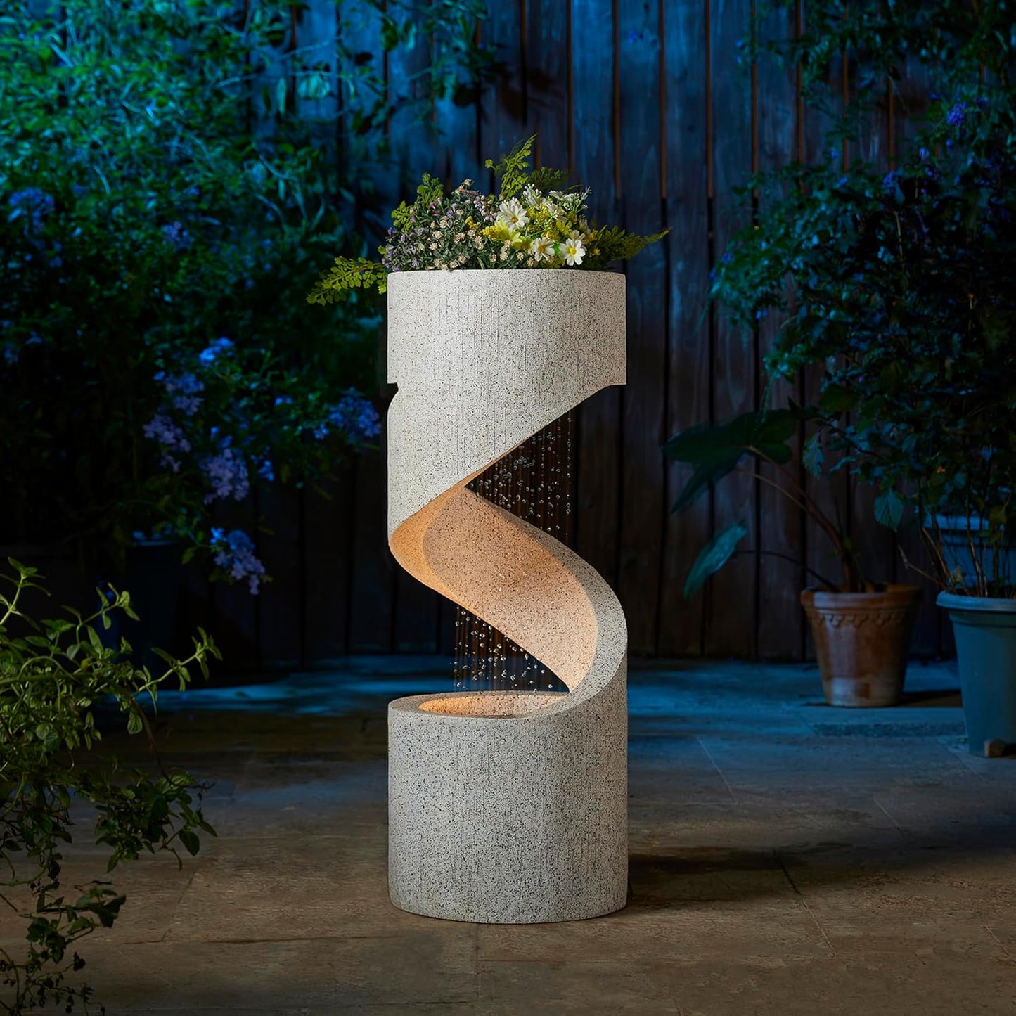 Glitzhome Decorative Tiered Outdoor Water Fountain with LED Light, Curved Waterfall Fountain with Stone Planter, Faux Terrazzo Spiral Shaped Fountains for Garden Deck Patio Porch, 31.25”H