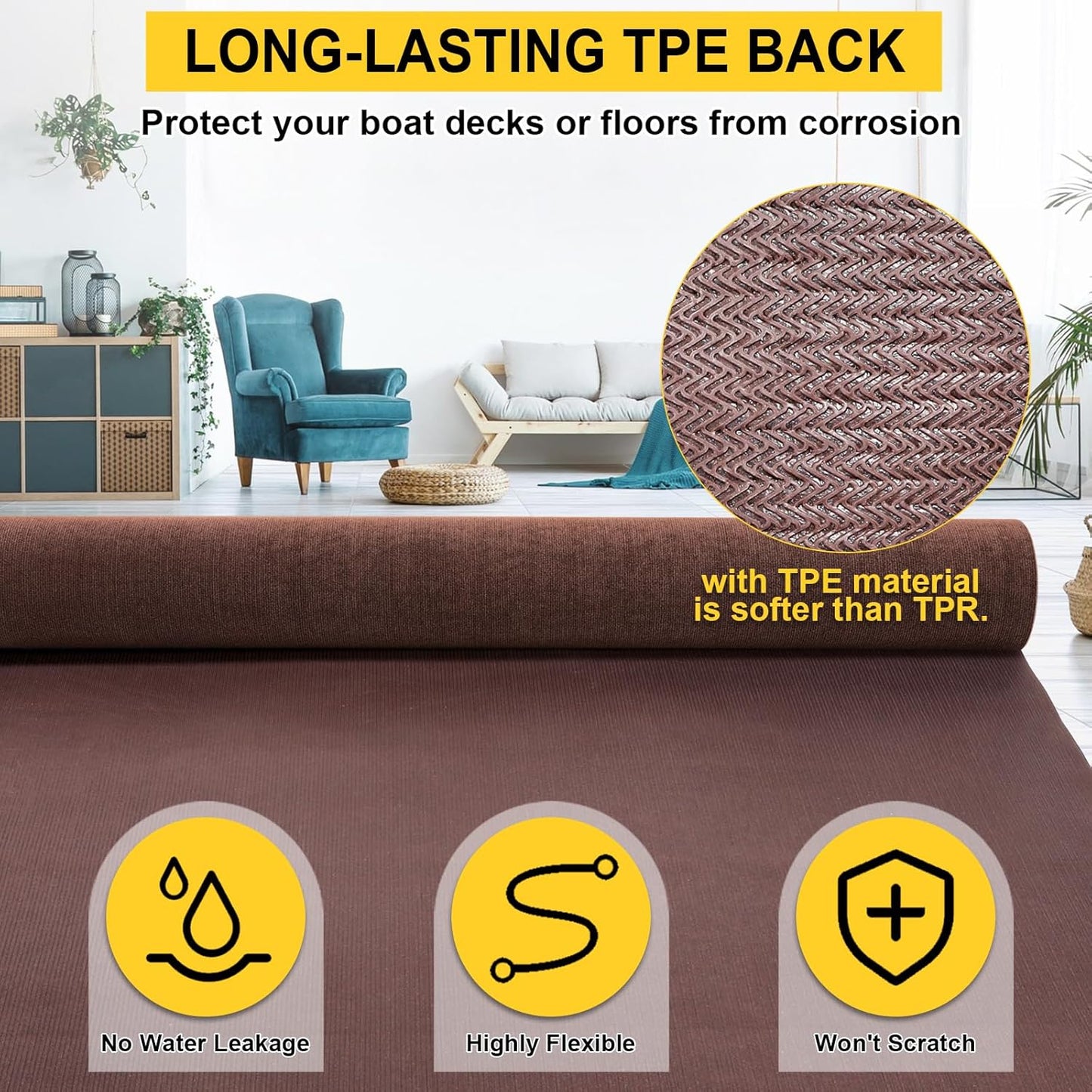 Marine Carpet, 6 FT x 14 FT Brown Indoor/Outdoor Area Rug, 0.2" Thick, Water-Resistant, Non-Slip, Machine Made, Solid, Marine Animals Theme