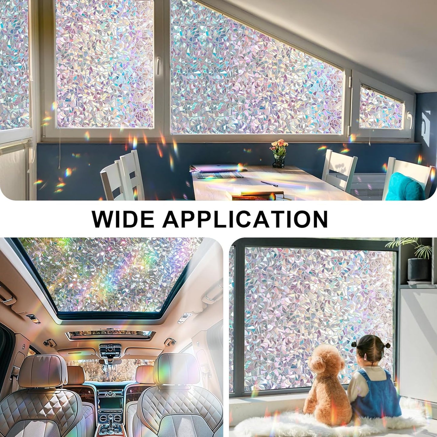 Rainbow Window Privacy Film 3D Decorative Stained Glass Window Film Anti UV Non-Adhesive Reusable 17.5" x 78.7" for Home Room Car Glass Cling