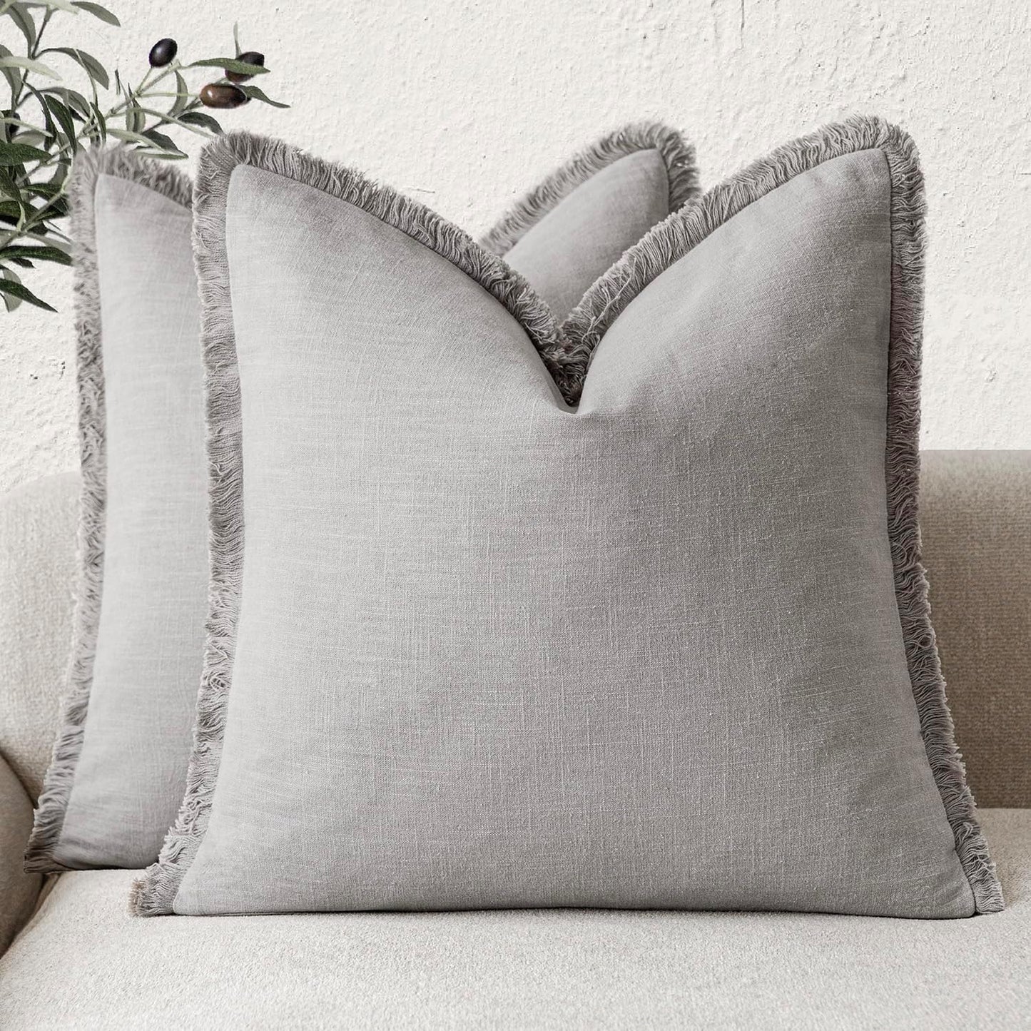 Foindtower Set of 2 Decorative Linen Fringe Throw Pillow Covers Cozy Farmhouse Cushion Cover with Tassels Accent Pillowcase for Couch Chair Sofa Bed Living Room Home Decor,16×16 Inch,Light Rustic Gray