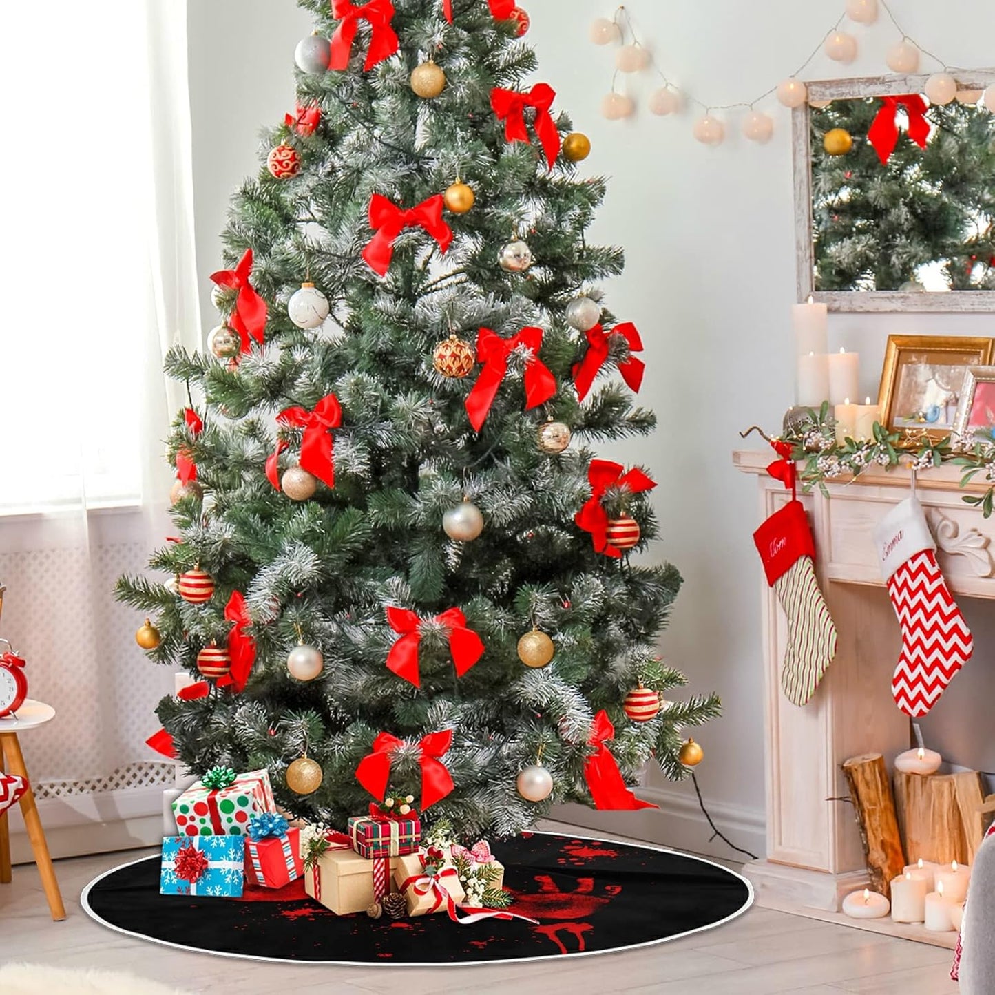 Halloween Bloody Hand Paw Spooky Tree Skirt, Seasonal Tree Mat Holiday Party Supplies Ornaments Indoor Outdoor Decorations for Tabletop Trees 47.2 Inches