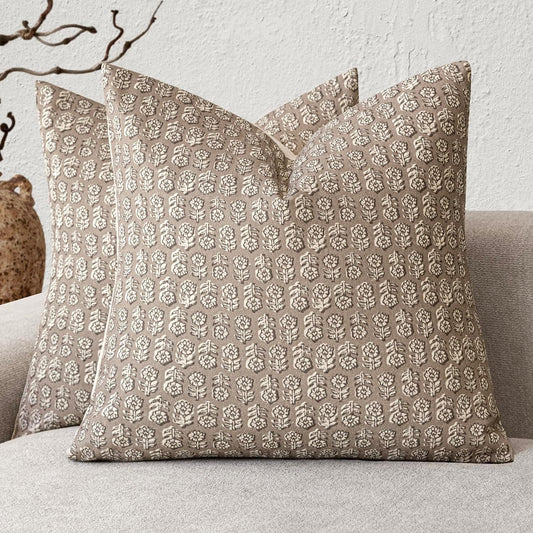 Foindtower Set of 2 Decorative Neutral Floral Print Throw Pillow Covers Vintage Accent Farmhouse Cushion Covers Boho Home Decor for Sofa Couch Chair Bedroom Living Room Outdoor,20×20 Inch,Tan Taupe