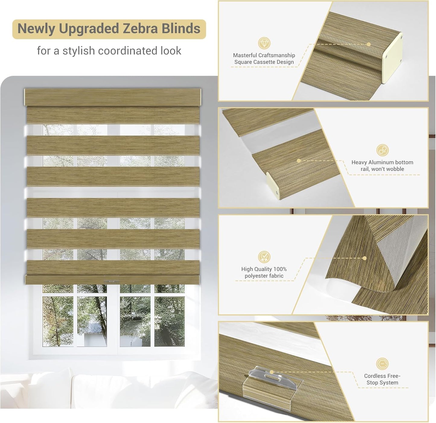 Cordless Zebra Blinds for Windows, Blackout Interior Blinds,Easy to Install,UV Protection,for Offices and Home,Custom Roller Shades, Mousse Light Bown,15" W x 88" H