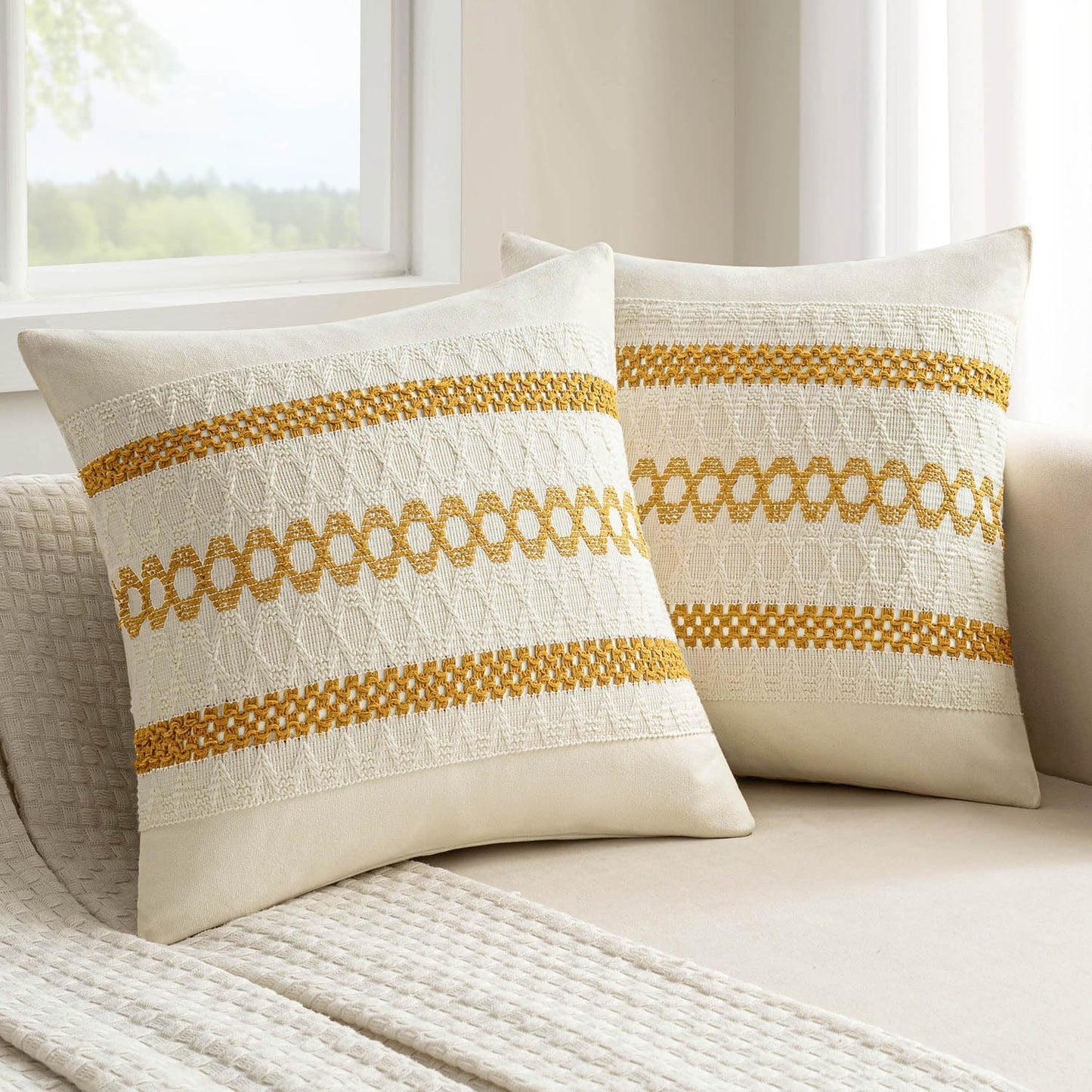 MIULEE Set of 2 Mustard Yellow Boho Decorative Pillow Covers 16x16 Inch Farmhouse Rustic Couch Throw Pillows Modern Cotton Cushion Covers Retro Cute Macrame Woven Home Decor for Bed Sofa Chair