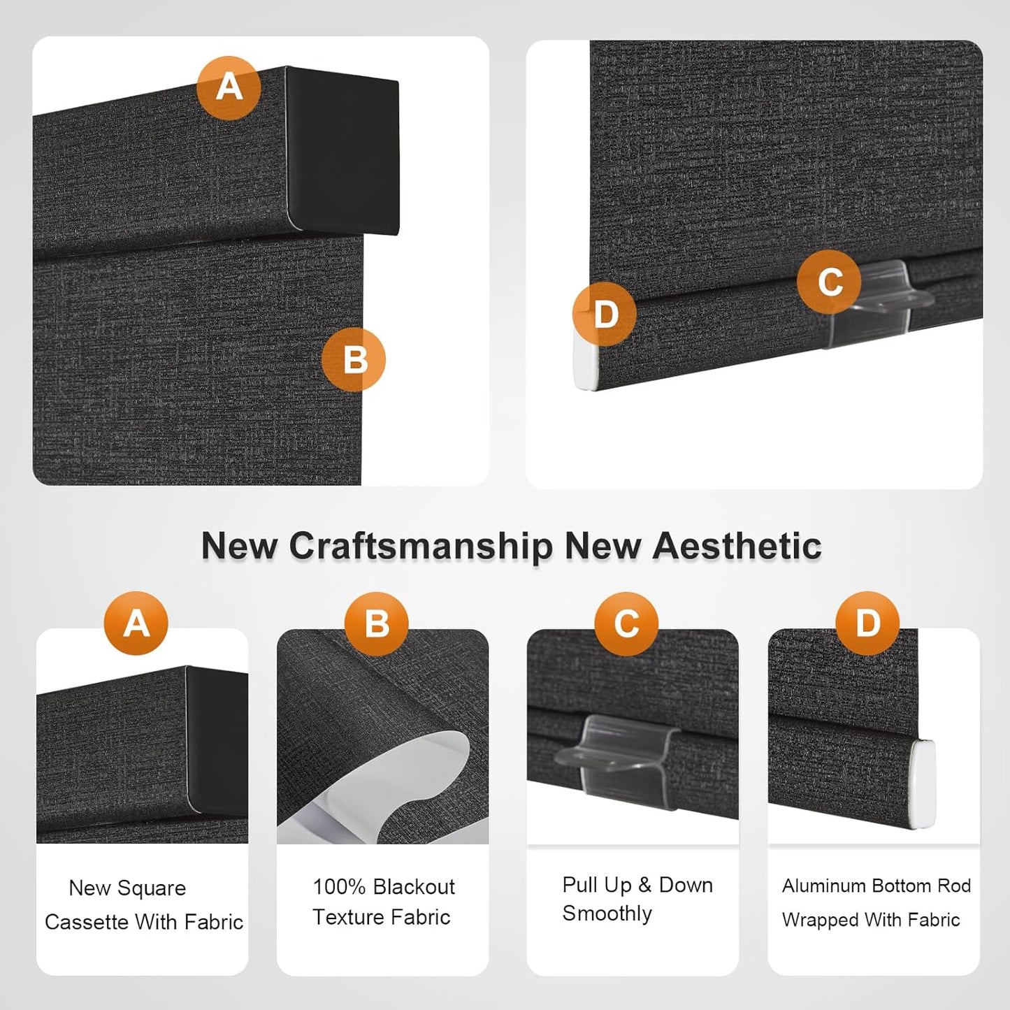 Persilux Free-Stop Cordless Blinds for Indoor Windows with Cover, Window Shades Blackout Roller Blinds, Thermal Insulated Fabric UV Protection for Kitchen, Office, Living Room, Black(57.5" W x 48" H)