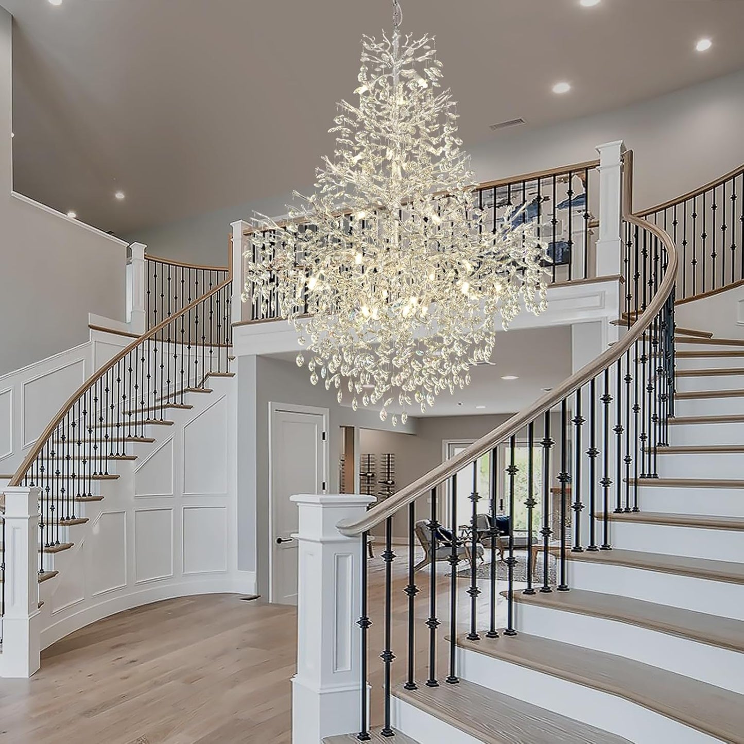 H65'' Silver Tree Branch Crystal High Ceilings Chandeliers,Modern Crystal Staircase Chandeliers, D48'' Foyer Chandelier for High Ceiling, Luxury Large Living Room Chandelier, 27-Lights