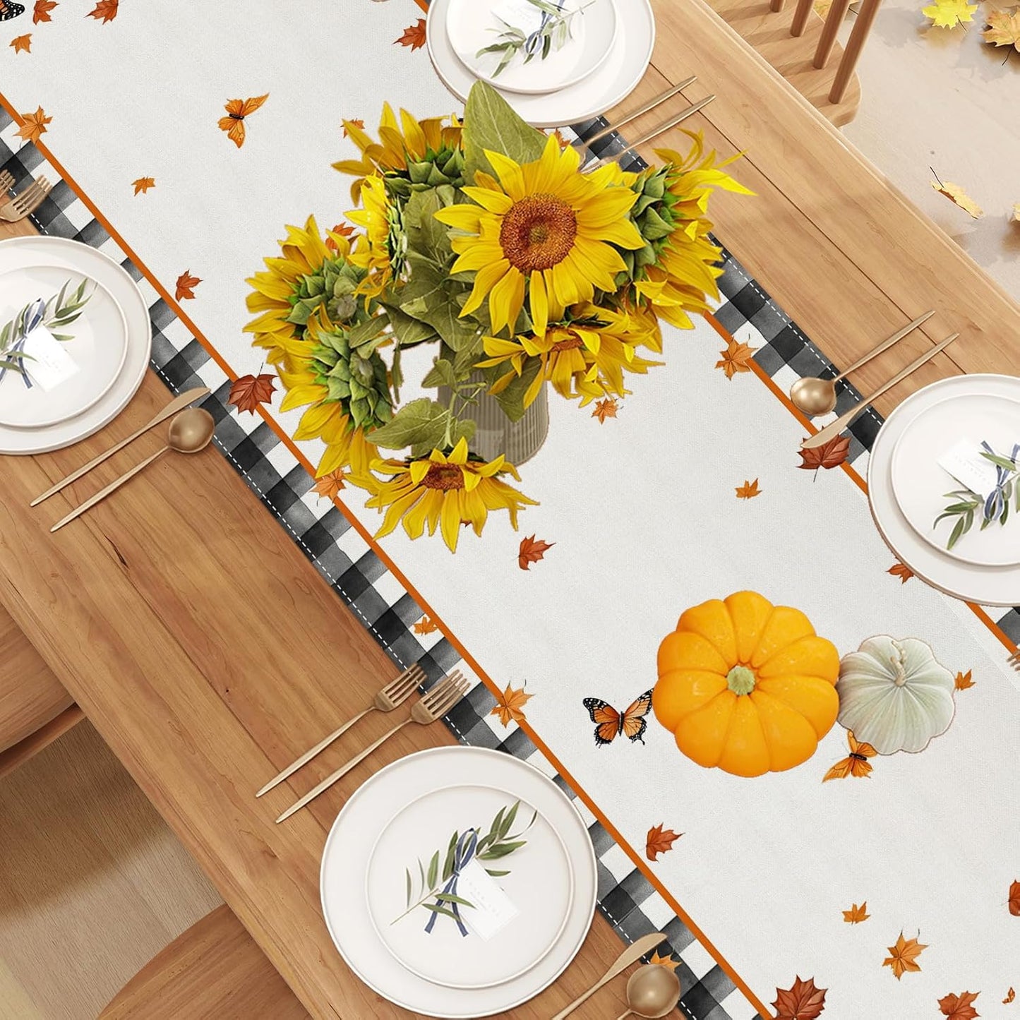 Linen Black and White Buffalo Check Plaid Fall Table Runner 90 Inches Long, Fall Leaves Pumpkin Butterfly Home Kitchen Table Decor, Farmhouse Autumn Thanksgiving Harvest Festival Decorations for Home