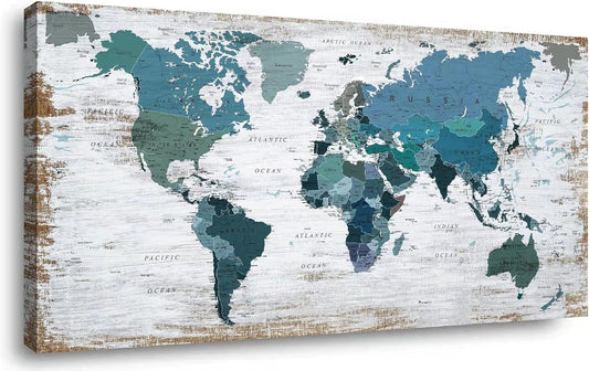 lagre Teal Decor 36inchx71inch World Map Canvas Wall Art Pictures for Living Room Decoration Blue Wall Decor Office World Map Art Map of the world Picture Framed Artwork for Home Bedroom Decoration