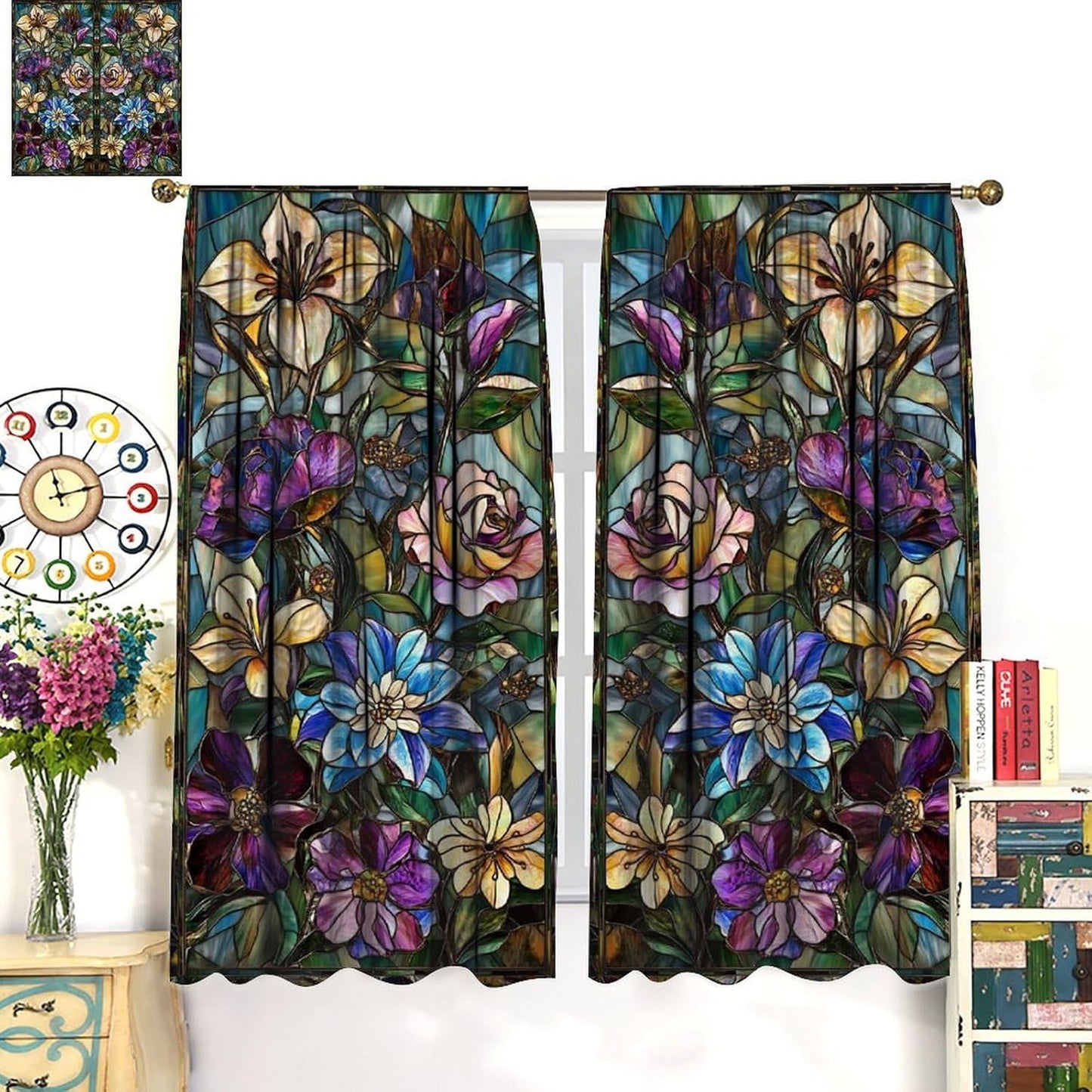 Stained Glass Curtains,Retro Colored Glass Flowers Art Home Decor Drapes for Bedroom Living Room Kitchen Window Treatment 2 Panels Set Total Size 52" W X 84" L Inch