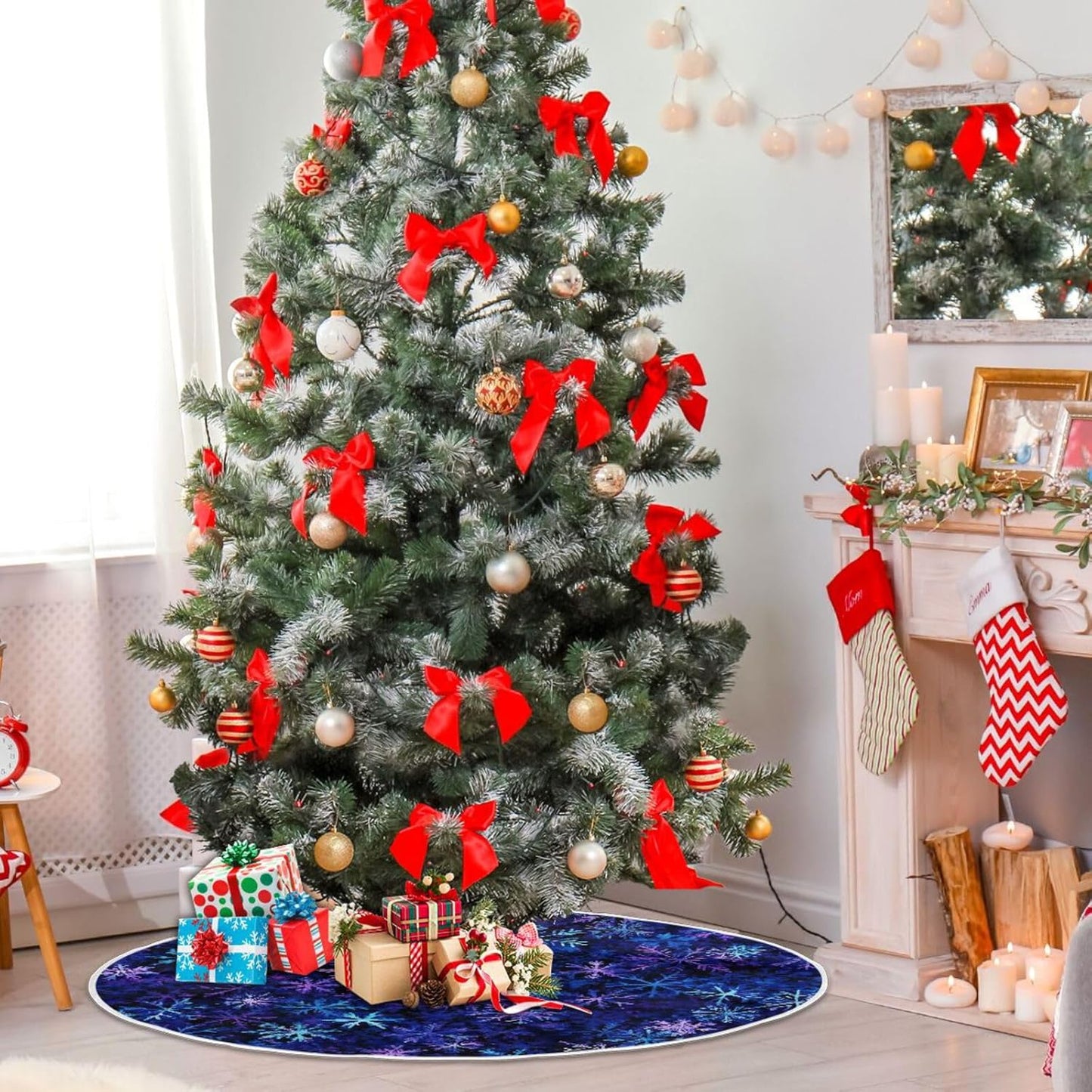 Christmas Blue Purple Snowflake Tree Skirt, Seasonal Tree Mat Holiday Party Supplies Ornaments Indoor Outdoor Decorations for Tabletop Trees 35.4 Inches