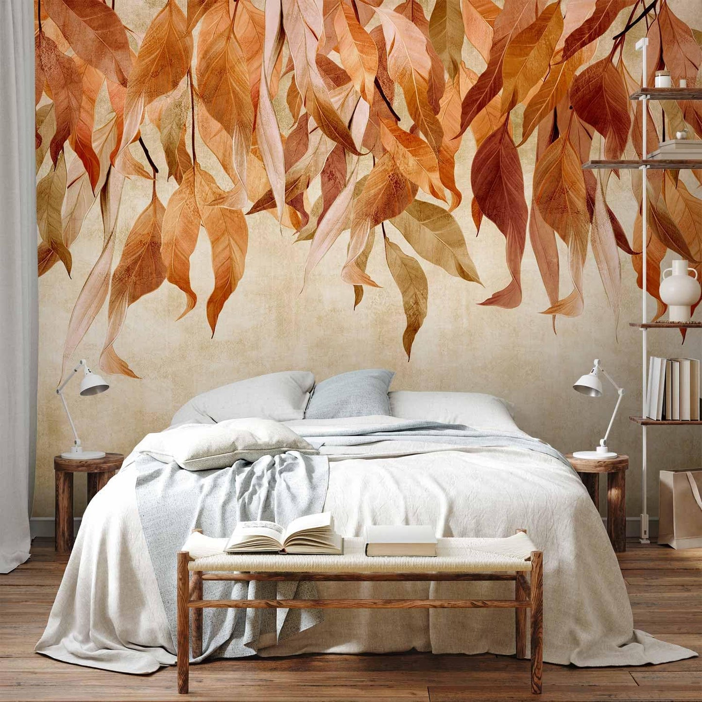 artgeist Premium Wall Mural Hanging Leaves 118x83 in - Non-Woven Wallpaper Fleece Wall Decor Photo Print Picture Image Design Nature Botanical Concrete Orange Beige b-C-10146-a-c