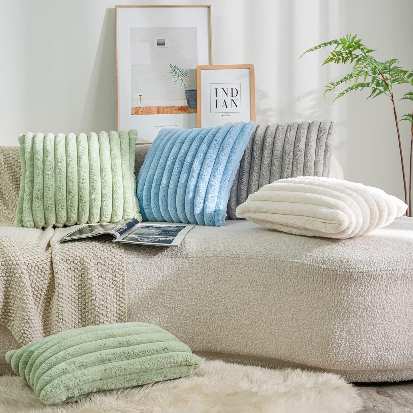 DEELAND Pack of 2,Double-Sided Faux Fur Plush Decorative Throw Pillow Covers Fuzzy Striped Soft Pillowcase Cushion Covers for Sofa Couch Bedroom Lightgrey 12x20 inch