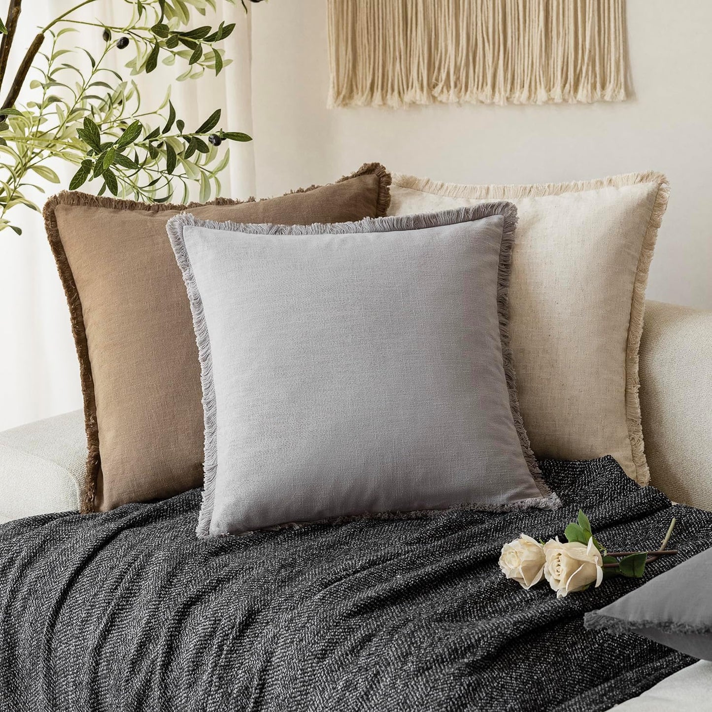 Foindtower Set of 2 Decorative Linen Fringe Throw Pillow Covers Cozy Farmhouse Cushion Cover with Tassels Accent Pillowcase for Couch Chair Sofa Bed Living Room Home Decor,16×16 Inch,Light Rustic Gray