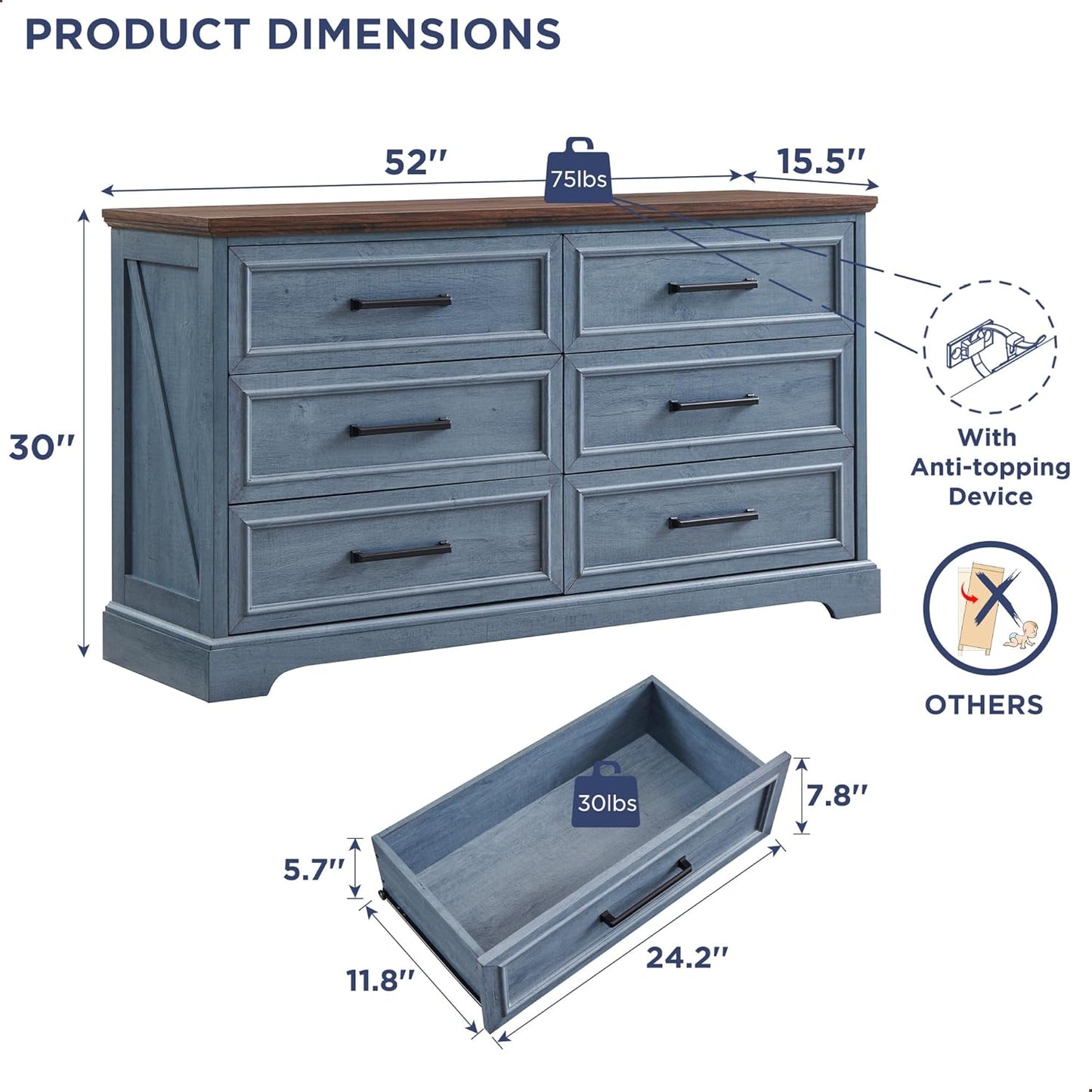 Farmhouse 6 Drawer Dresser for Bedroom, 52 Inch Wide Modern Dresser TV Stand with Large Drawers & Bar Handles, Rustic Wood Chest of Drawers for Bedroom, Living Room, Hallway, Blue