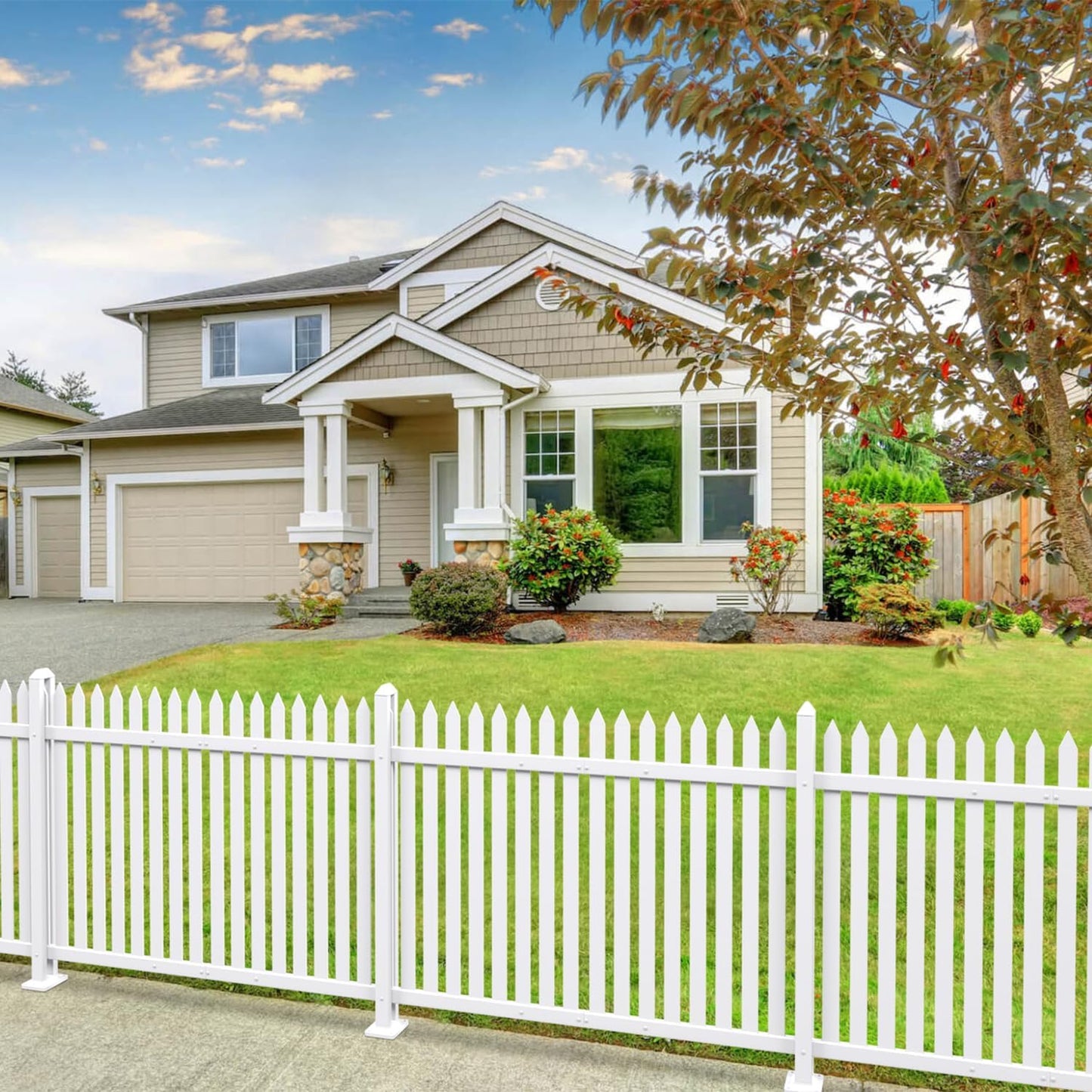 Patio 3 Sets Vinyl Picket Fence Panels 36" H x 84" W White PVC Decorative Fence for Front Yard Porch Patio Deck Pool Air Conditioner Fence Safety Dog Fence (34 Pickets, Straight)