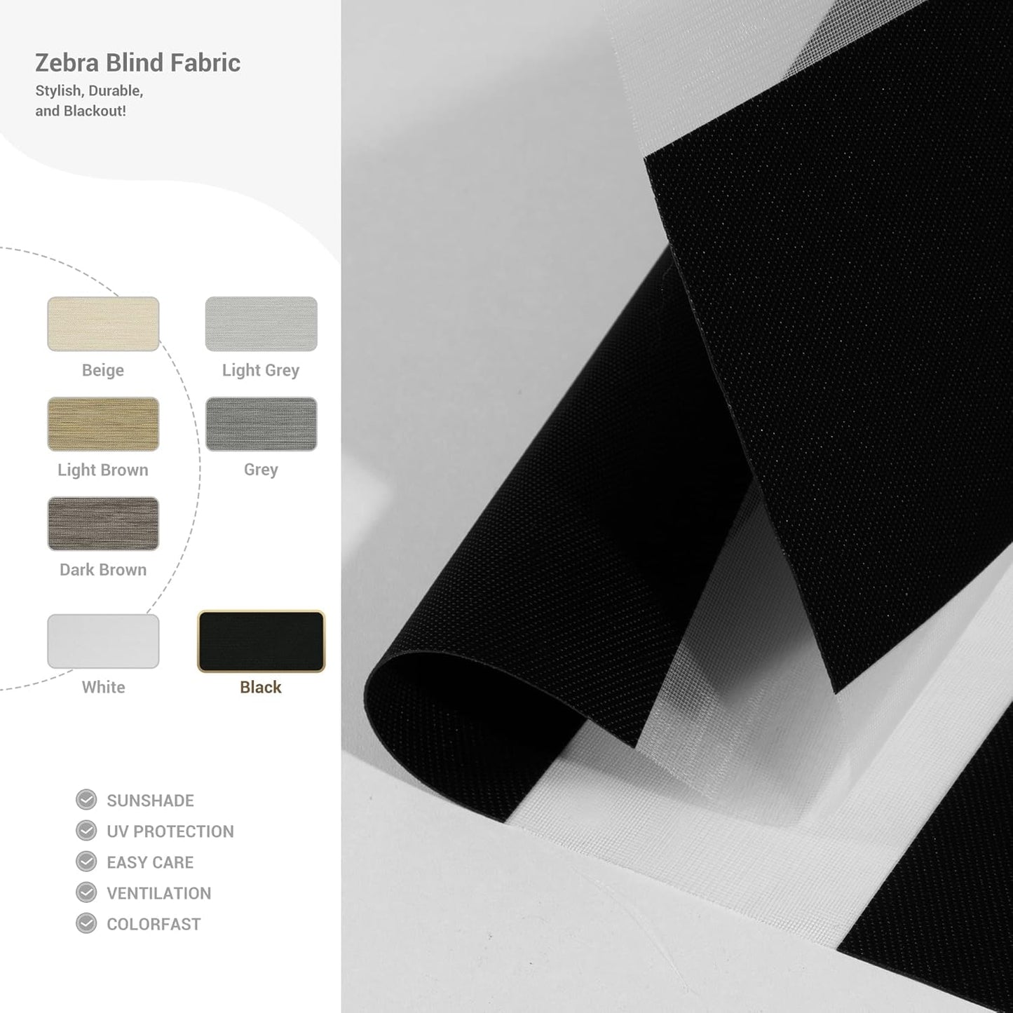 Cordless Zebra Blinds for Windows, Blackout Interior Blinds,Easy to Install,UV Protection,for Offices and Home,Custom Roller Shades, Solid Black, 32" W x 36" H