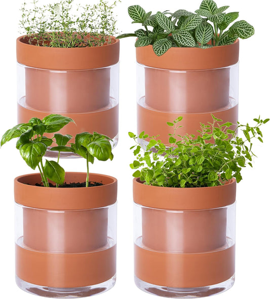 Phoenix Vine 4 Inch Self Watering Planter Pot, Terracotta Clay Pot with Glass Reservoir for Indoor Plants, Herbs, Flowers, Set of 4, 52-A-E-4