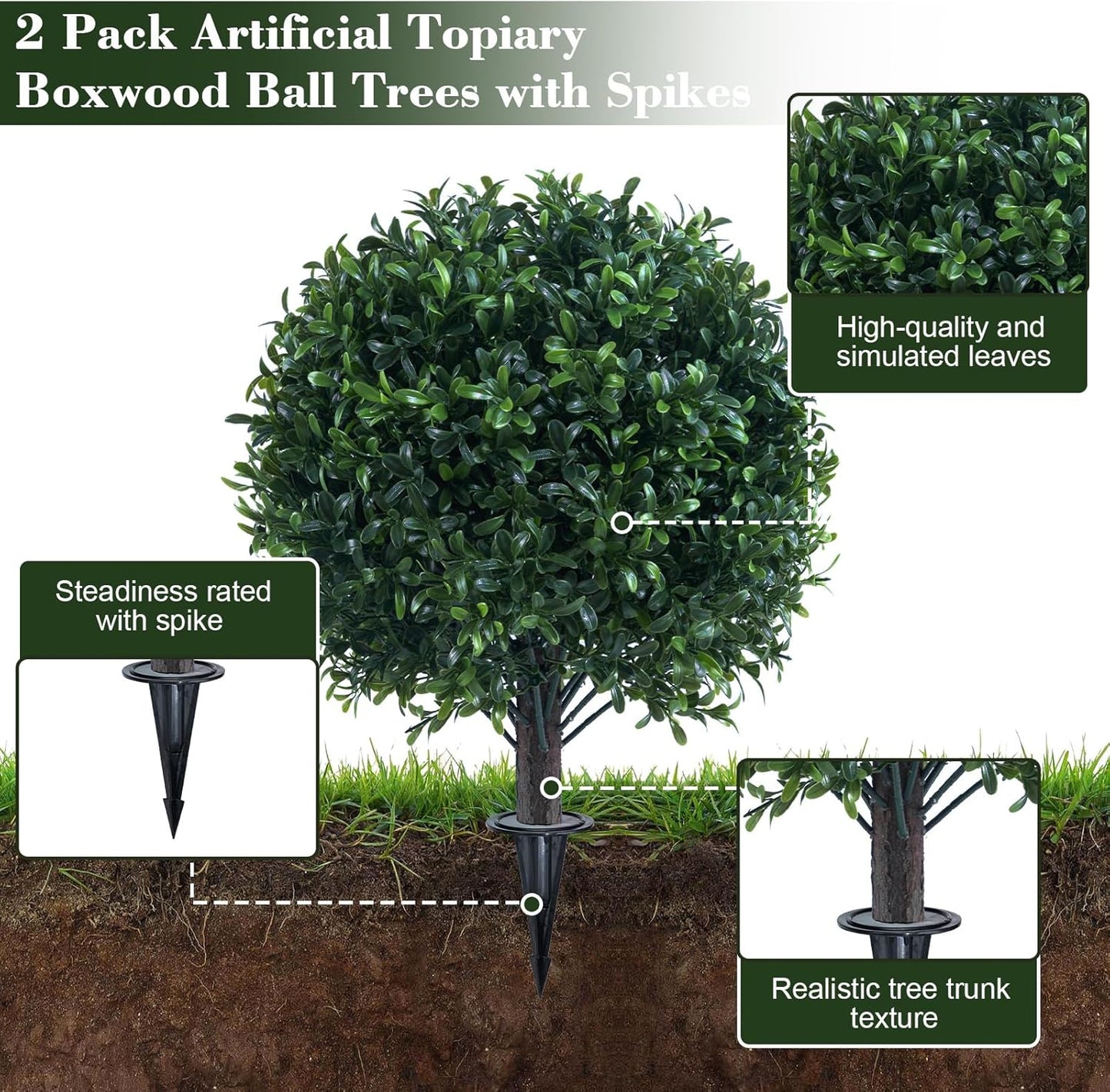 Artificial Boxwood Topiary Ball Bush for Outdoor with Spike, UV Resistant Faux Boxwood Ball Tree with Stake for Outside Set of 2, Weatherproof Round Fake Shrubs for Entryway Front Porch