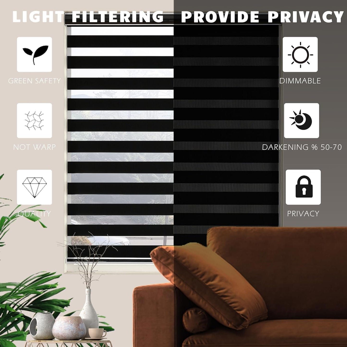 Blackout Zebra Blinds, Dual Layer Free-Stop, Room Darkening Zebra Shades, Blinds for Indoor Windows, Light Filtering Privacy Sheer Shade for Home(59" W X 72" H, Black)