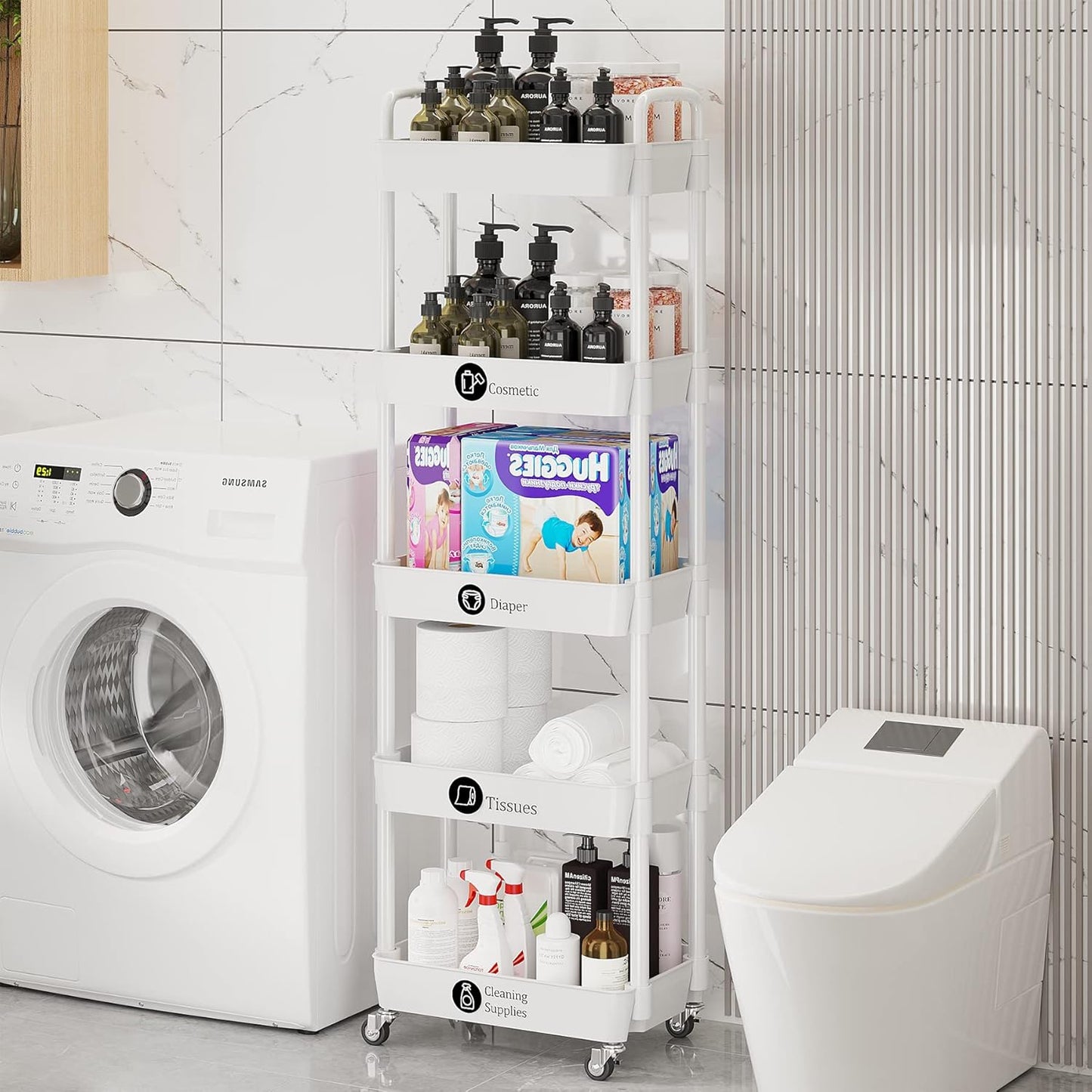 Laiensia 5-Tier Rolling Cart with Wheels,Multifunction Utility Storage carts, Kitchen Storage Organizer,Mobile Shelving Unit for Bathroom,Laundry,with Classified Stickers,White