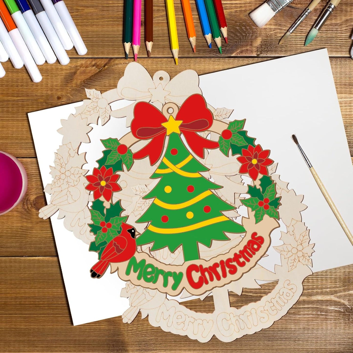 Paintable Christmas Ornaments 3 Sets, Wooden Ornaments to Paint, Unifished Christmas Tree Wreaths Wood Crafts for Painting, Wood Cutouts DIY Xmas Ornament for Front Door Decor (Bird
