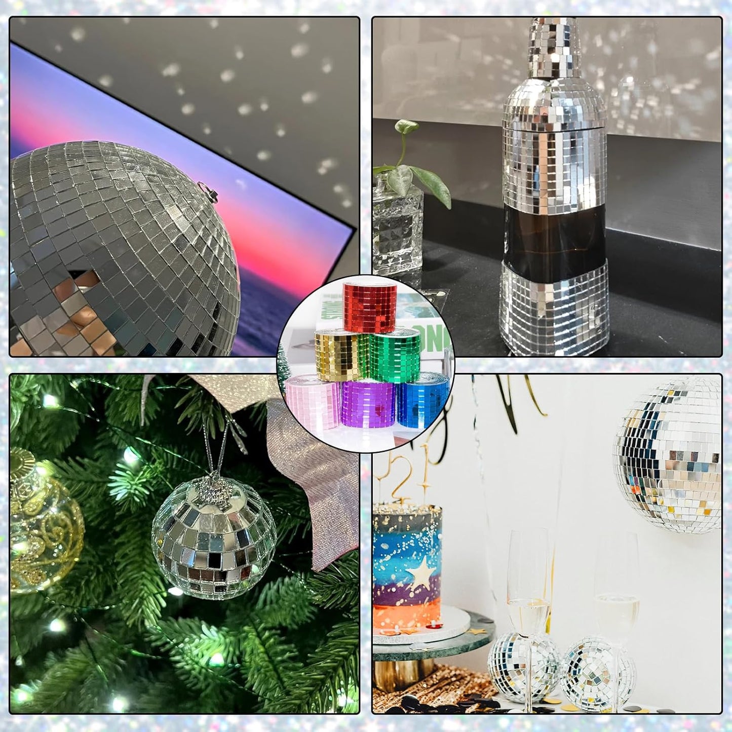 Self Adhesive Mosaic Tiles, 3200 Pieces Disco Ball Tiles, 5 x 5 mm Glass Mirror Mosaic Tiles, Square Mirror Tiles Sticker for DIY Vase, Art Collage, Photo Frames, Home Party 2 Rolls (Purple)