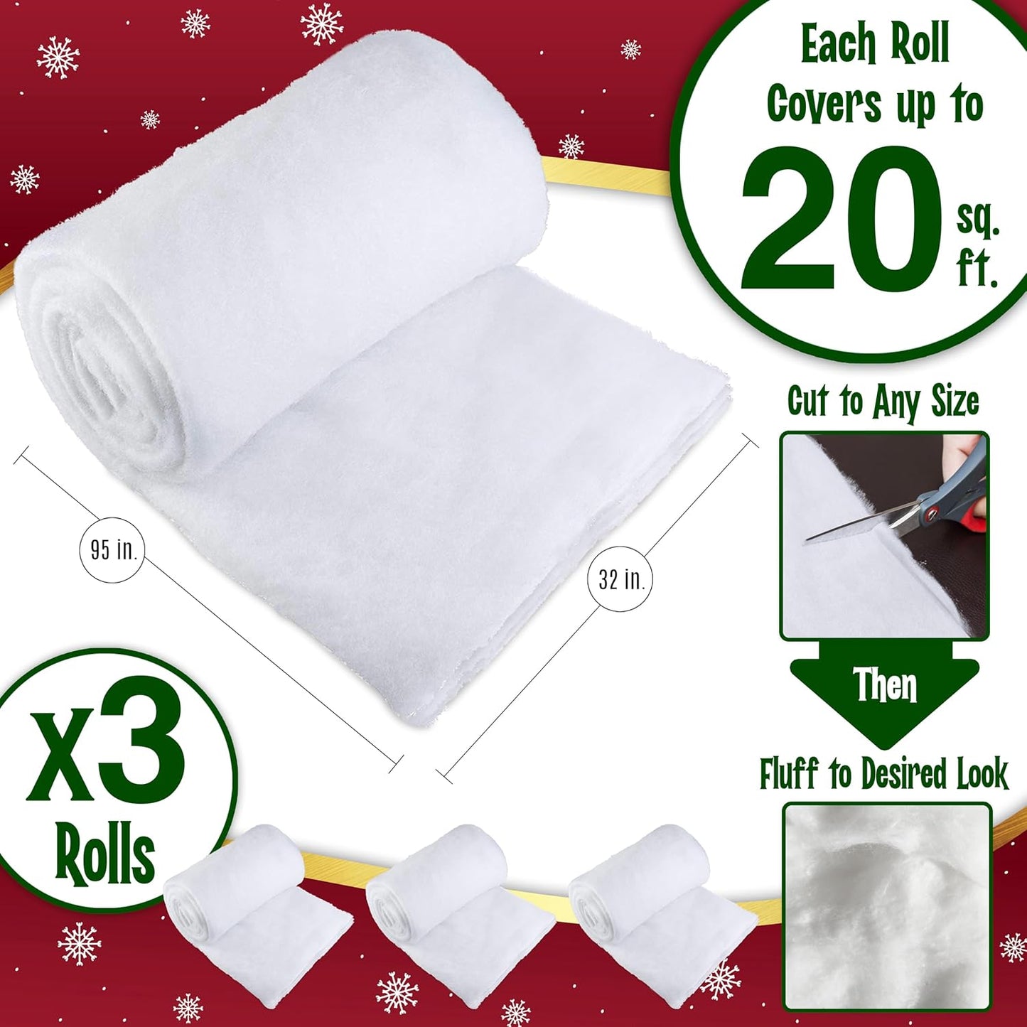 stargo 3 Pack Fake Snow Blanket Roll for Christmas Village Displays, Christmas Tree Deocration - Thick White Soft Fluffy Faux Snow Backdrop Artificial Snow Blanket Cover (Each Roll 2.6 x 7.8ft)