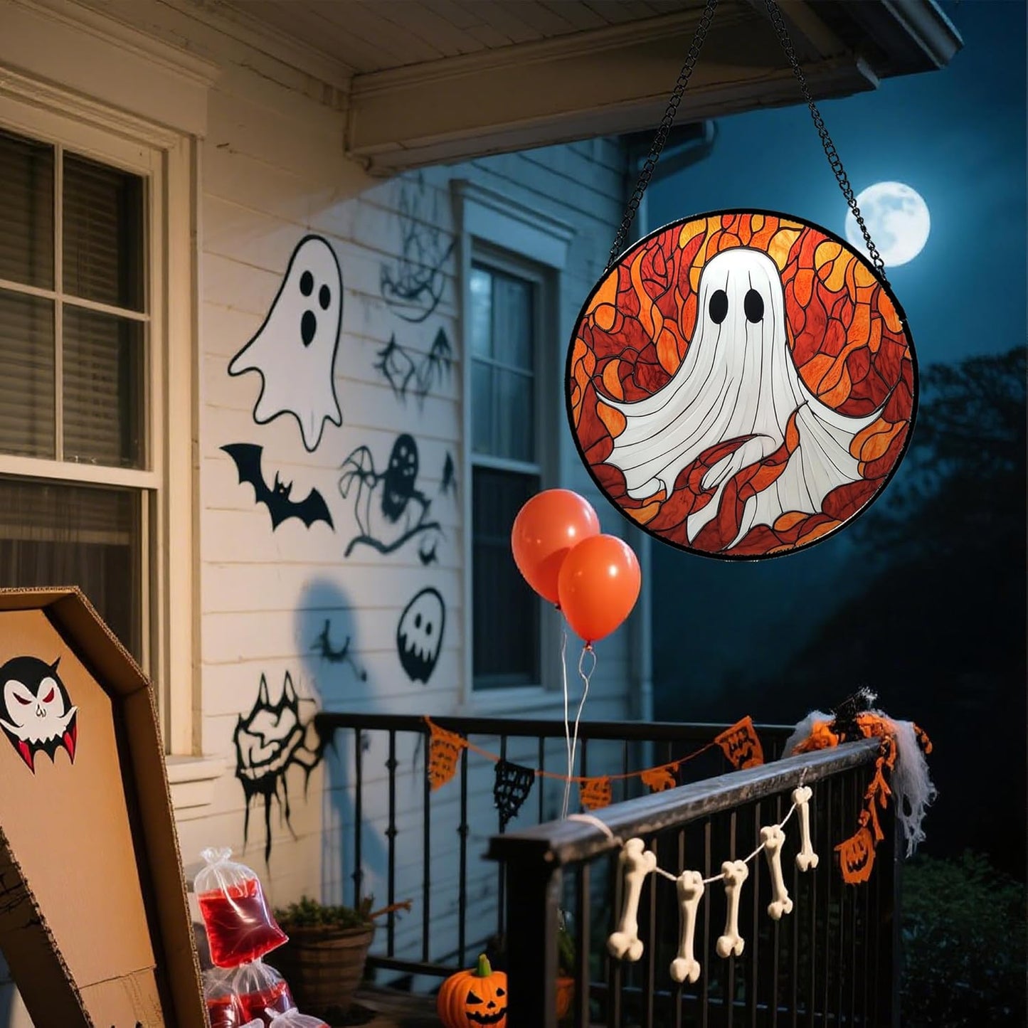 Stained Glass Window Hanging - Halloween Decorations White Ghost Orange Sky Suncatcher for Doors Garden Funny Spooky Sun Catchers Gothic Decor Horror Gifts for Women Men Friend Boy 6.3 in