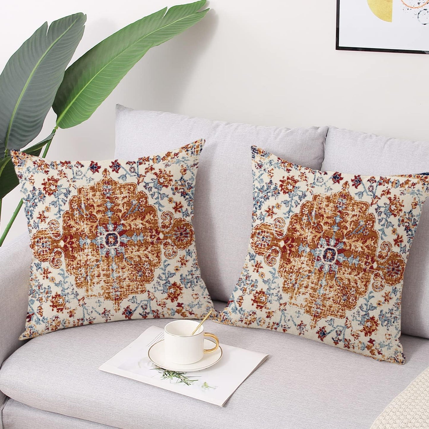 Outdoor Waterproof Pillow Covers - 20x20 Inch Set of 2 Bohemian Vintage Carpet Pattern Pillow Covers in Brown and Blue Ethnic Design for Decorative Farmhouse, Couch, Garden, Balcony