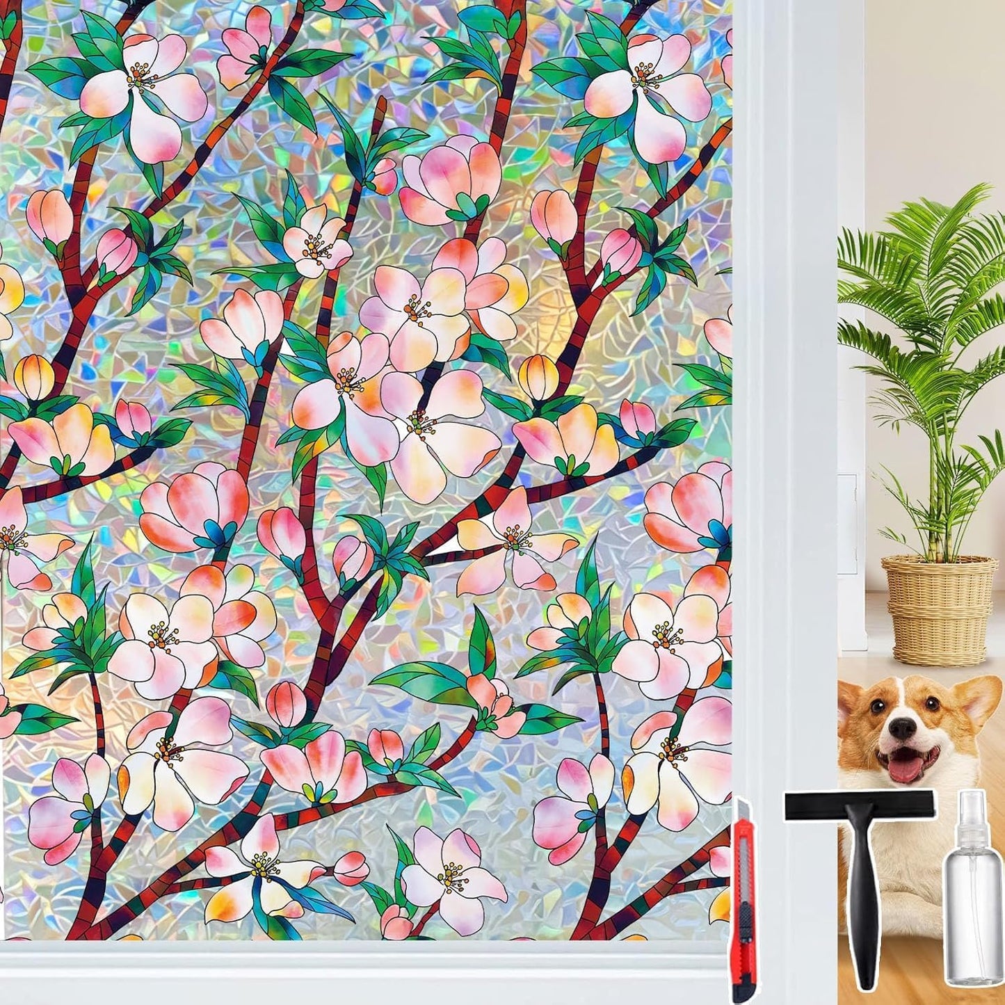 Rainbow Window Privacy Film Decorative, 3D Decals Stained Glass Clings, Static Cling Sticker, Suncatcher Windows Cover Tint for Home, 35.4 Inch x 157.4 Inch