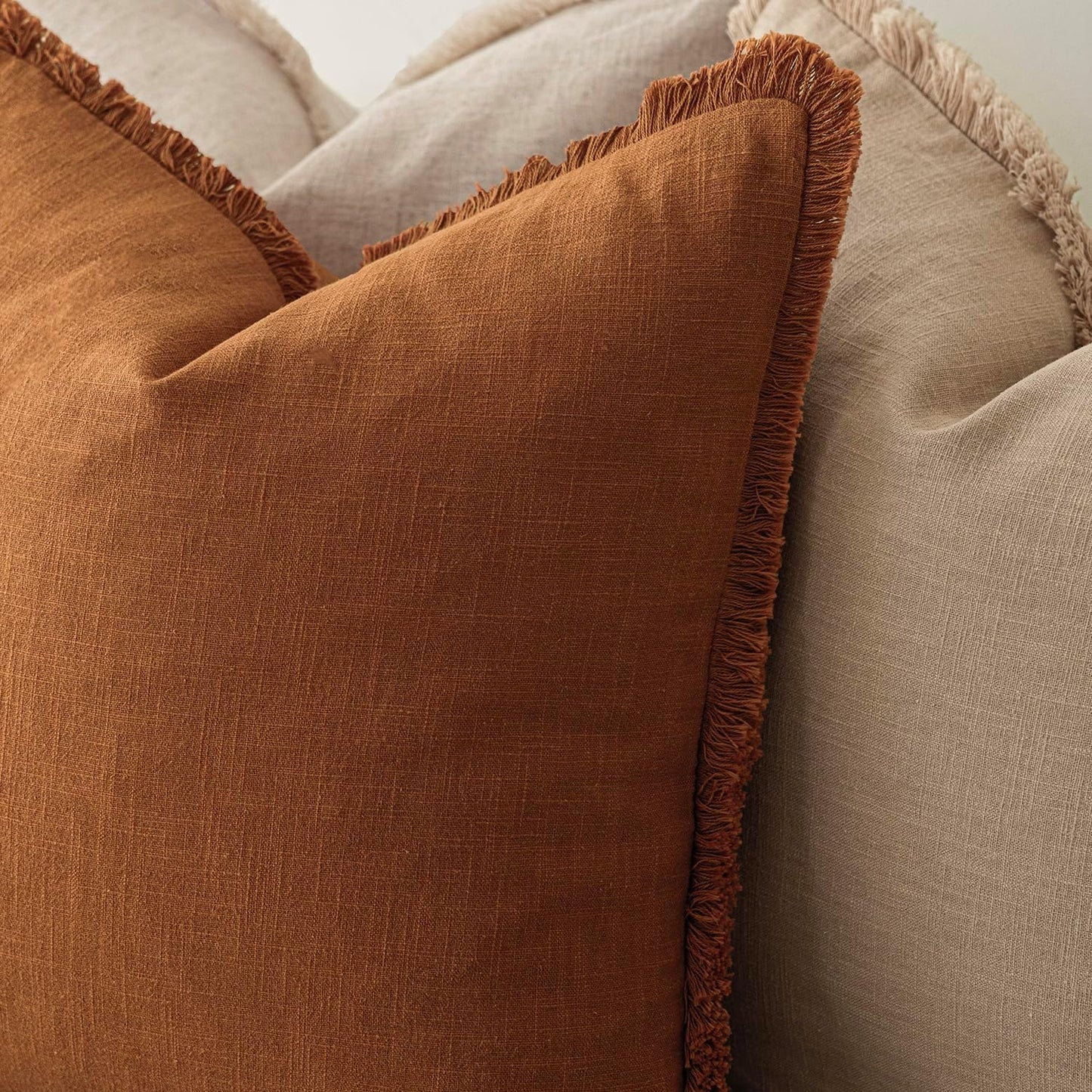 Foindtower Set of 2 Decorative Linen Fringe Throw Pillow Covers Cozy Boho Farmhouse Cushion Cover with Tassels Soft Accent Pillowcase for Couch Sofa Bed Living Room Home Decor, 24×24 Inch, Orange